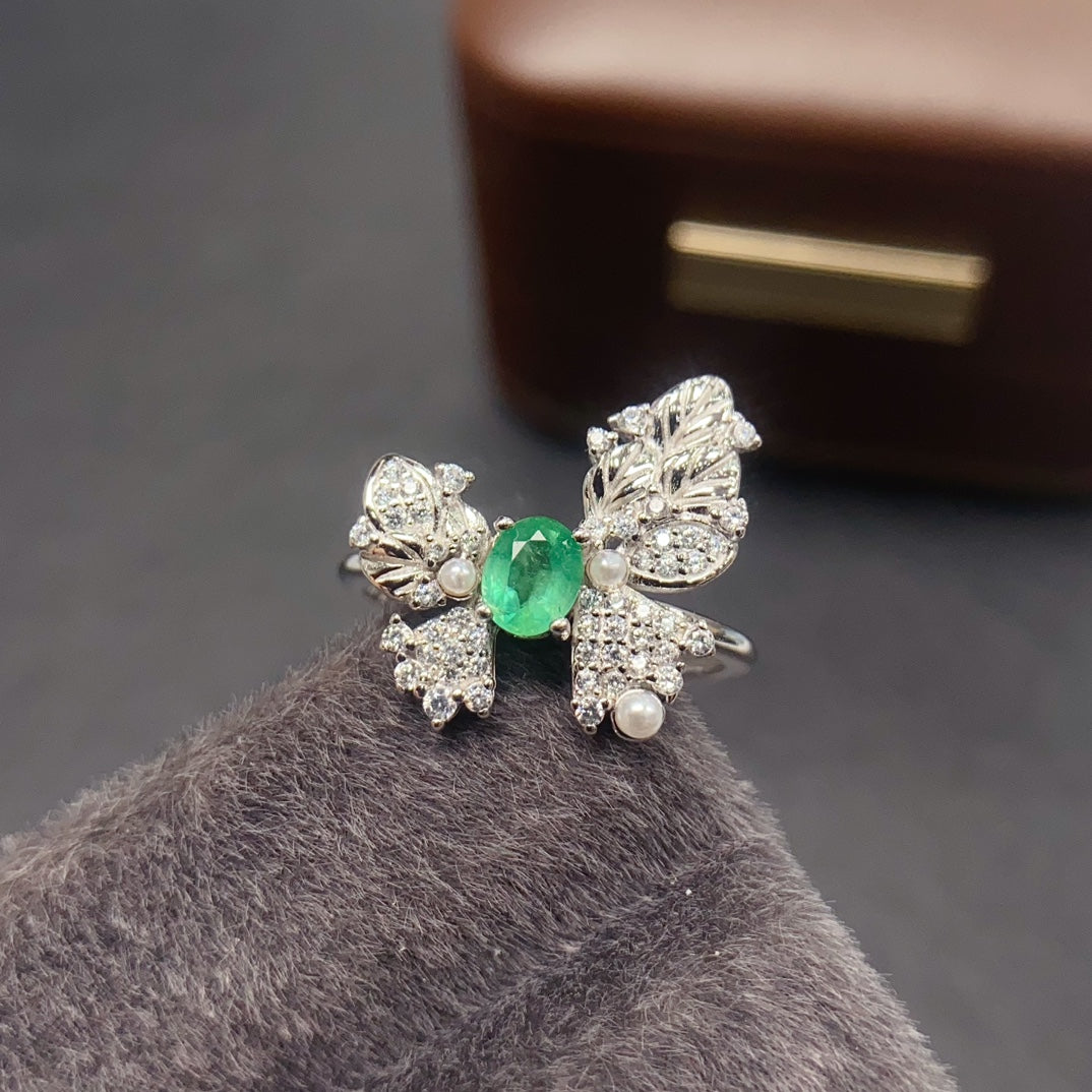 Natural Emerald Adjustable Ring 925 Sterling Silver, 4x5mm May Birthstone Green Gemstone Crystal Jewelry For Women, Stacking Band Dainty Sparkly Gift For Her