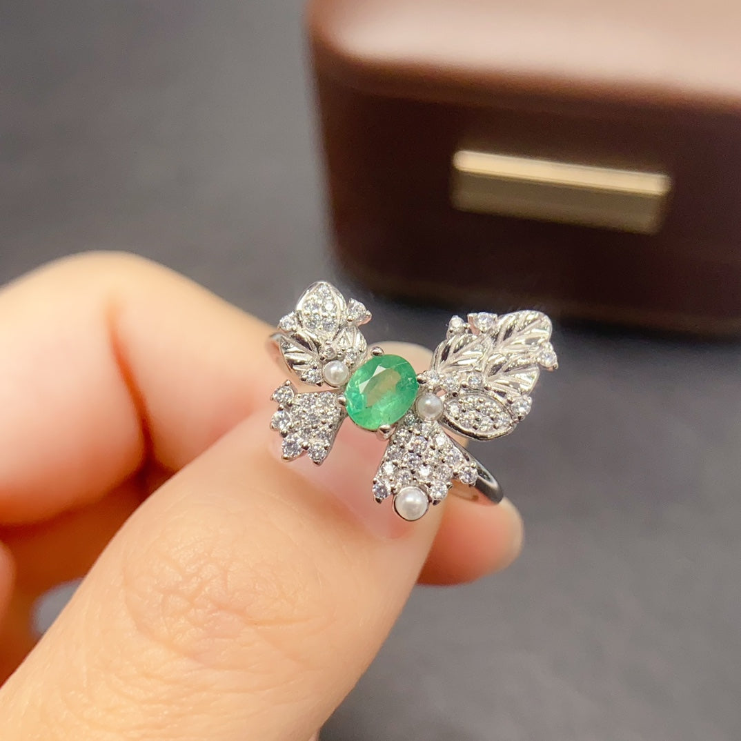 Natural Emerald Adjustable Ring 925 Sterling Silver, 4x5mm May Birthstone Green Gemstone Crystal Jewelry For Women, Stacking Band Dainty Sparkly Gift For Her