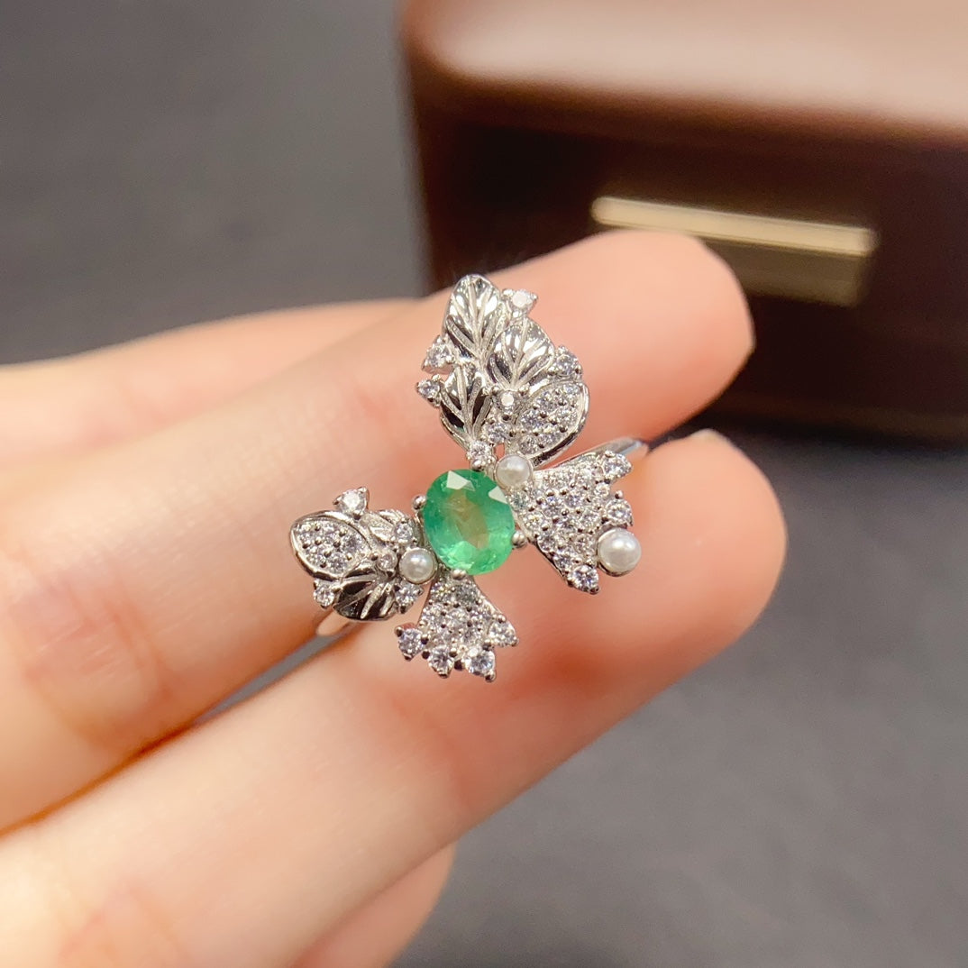 Natural Emerald Adjustable Ring 925 Sterling Silver, 4x5mm May Birthstone Green Gemstone Crystal Jewelry For Women, Stacking Band Dainty Sparkly Gift For Her