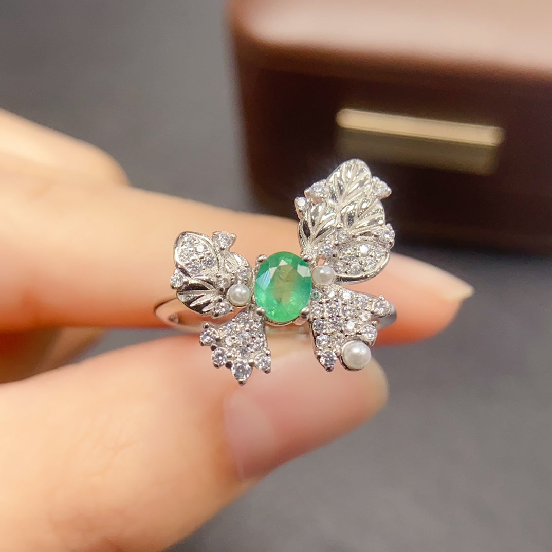 Natural Emerald Adjustable Ring 925 Sterling Silver, 4x5mm May Birthstone Green Gemstone Crystal Jewelry For Women, Stacking Band Dainty Sparkly Gift For Her