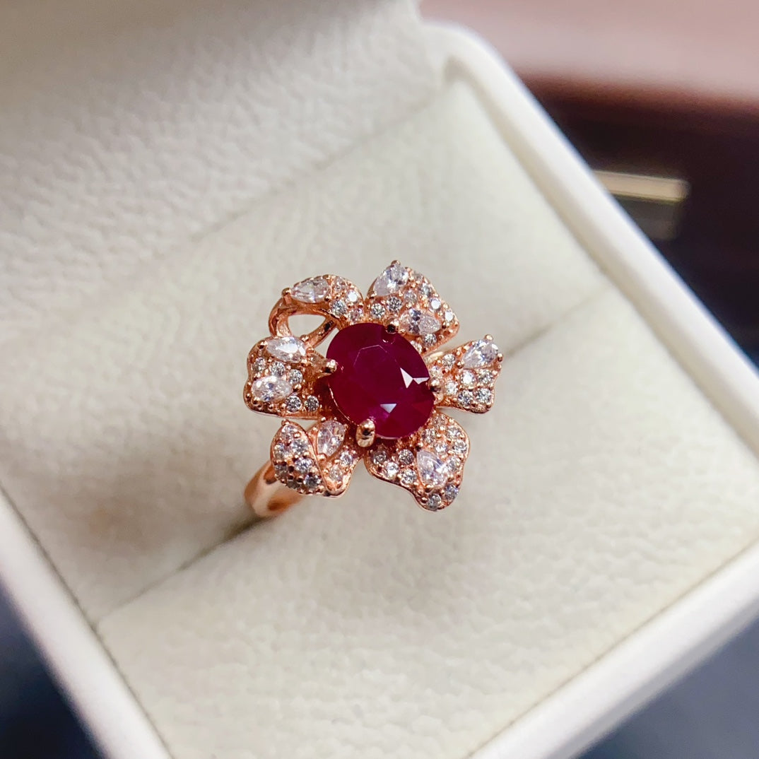 Natural Ruby Adjustable Ring 925 Sterling Silver, 6x8mm July Birthstone Red Gemstone Crystal Jewelry For Women, Stacking Band Dainty Sparkly Gift For Her