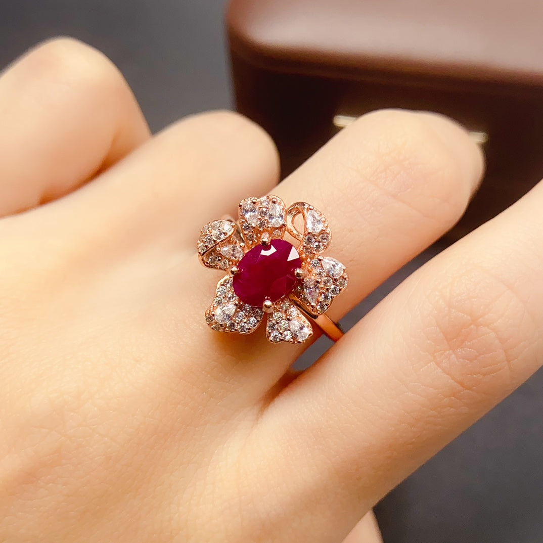 Natural Ruby Adjustable Ring 925 Sterling Silver, 6x8mm July Birthstone Red Gemstone Crystal Jewelry For Women, Stacking Band Dainty Sparkly Gift For Her