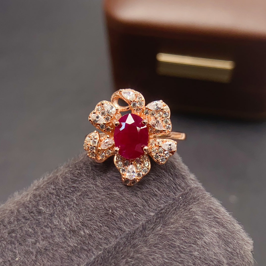 Natural Ruby Adjustable Ring 925 Sterling Silver, 6x8mm July Birthstone Red Gemstone Crystal Jewelry For Women, Stacking Band Dainty Sparkly Gift For Her