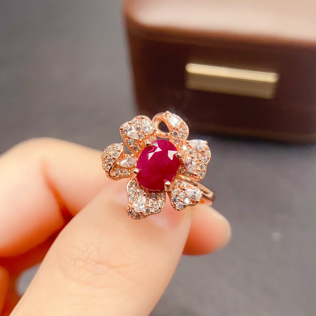 Natural Ruby Adjustable Ring 925 Sterling Silver, 6x8mm July Birthstone Red Gemstone Crystal Jewelry For Women, Stacking Band Dainty Sparkly Gift For Her