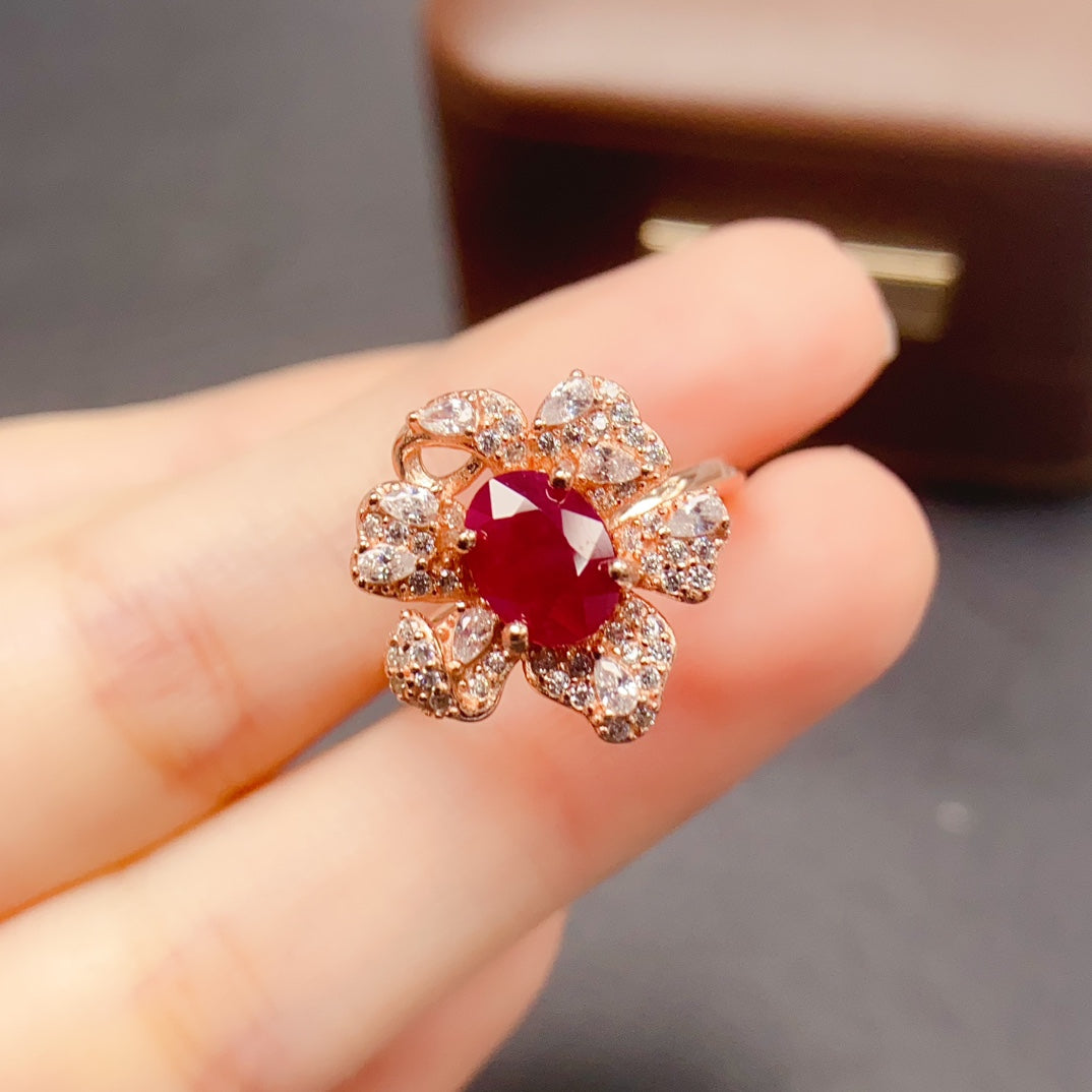 Natural Ruby Adjustable Ring 925 Sterling Silver, 6x8mm July Birthstone Red Gemstone Crystal Jewelry For Women, Stacking Band Dainty Sparkly Gift For Her