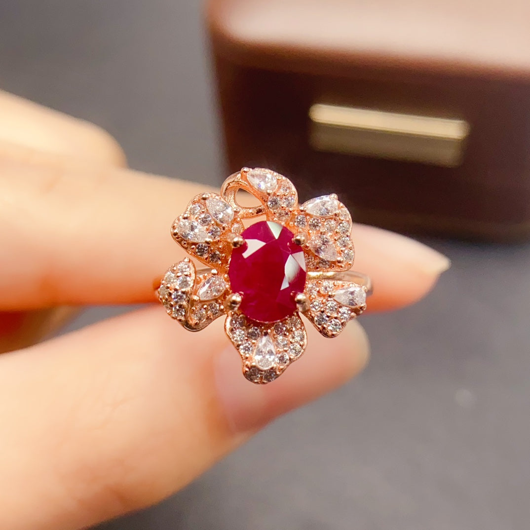 Natural Ruby Adjustable Ring 925 Sterling Silver, 6x8mm July Birthstone Red Gemstone Crystal Jewelry For Women, Stacking Band Dainty Sparkly Gift For Her