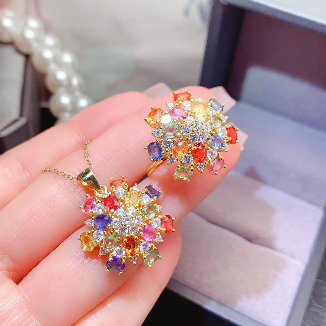 Natural Multi Sapphire Jewelry Set 925 Sterling Silver, 3x4mm Blue Gemstone Ring & Pendant Necklace, September Birthstone Stacking Set Dainty Sparkly Gift For Her