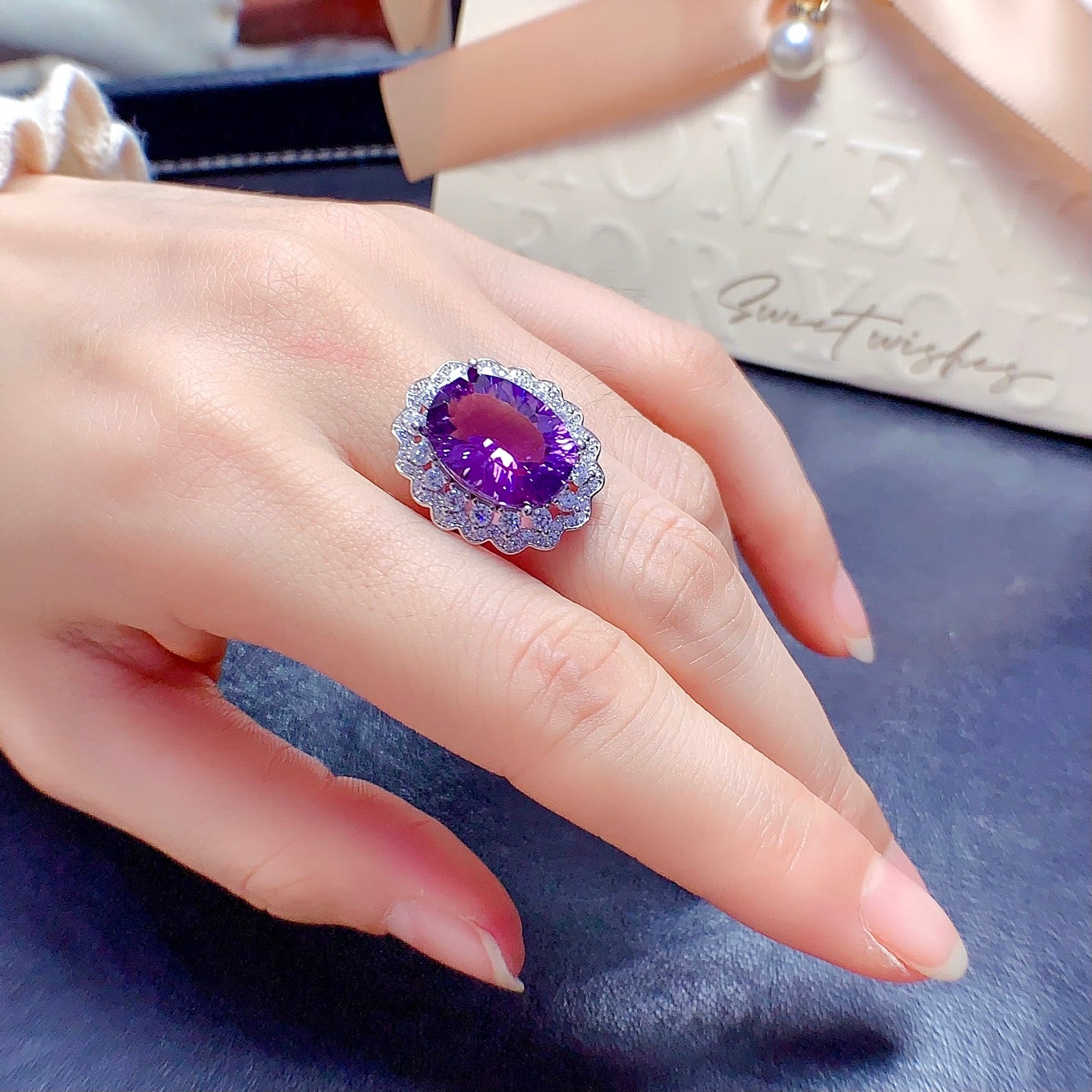 Natural Millennium Cut Amethyst Ring 925 Sterling Silver, 10x14mm February Birthstone Purple Gemstone Crystal Jewelry For Women, Statement Sparkly Gift For Her