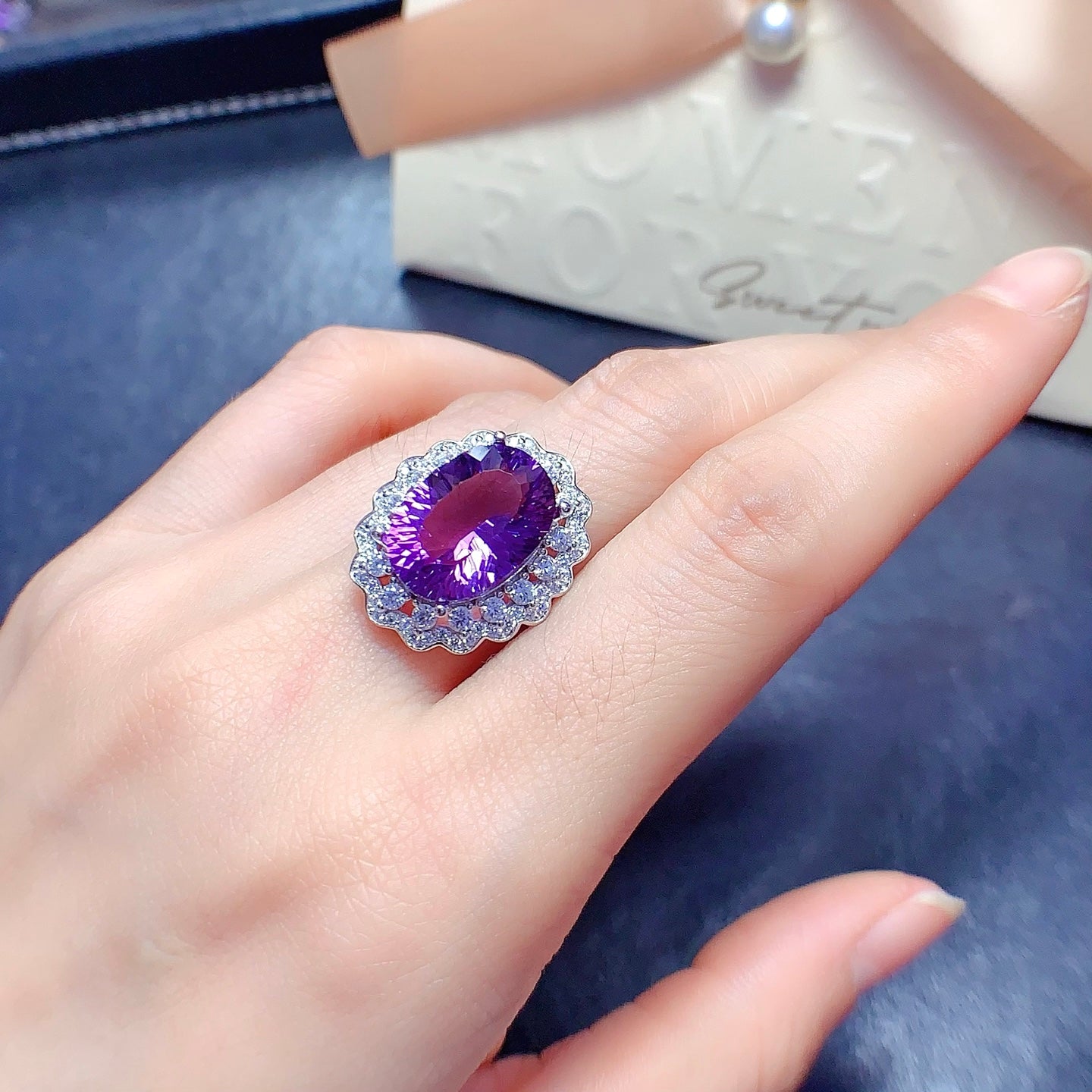 Natural Millennium Cut Amethyst Ring 925 Sterling Silver, 10x14mm February Birthstone Purple Gemstone Crystal Jewelry For Women, Statement Sparkly Gift For Her