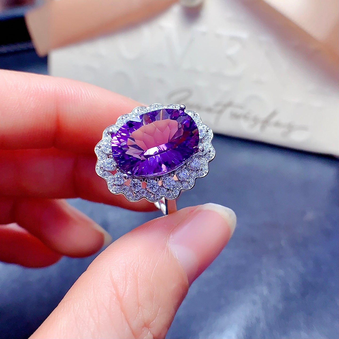 Natural Millennium Cut Amethyst Ring 925 Sterling Silver, 10x14mm February Birthstone Purple Gemstone Crystal Jewelry For Women, Statement Sparkly Gift For Her