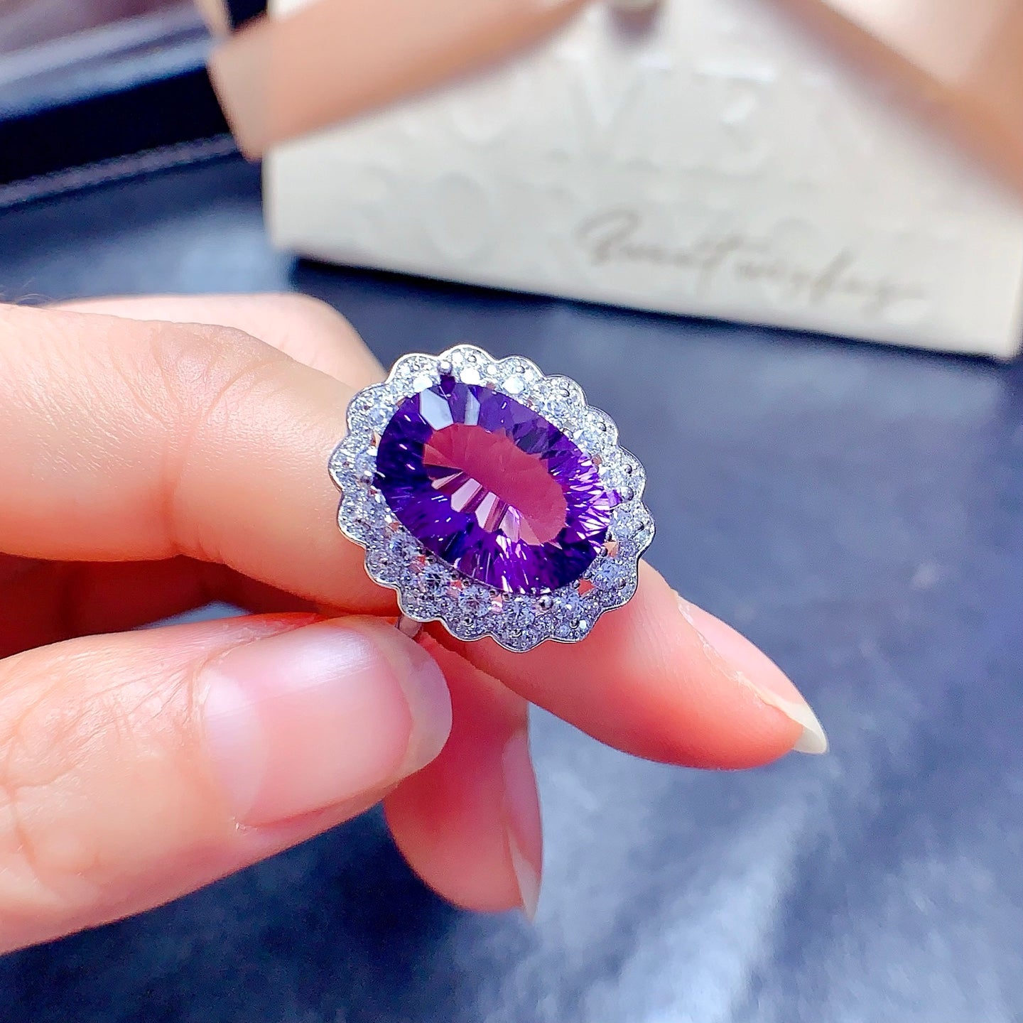 Natural Millennium Cut Amethyst Ring 925 Sterling Silver, 10x14mm February Birthstone Purple Gemstone Crystal Jewelry For Women, Statement Sparkly Gift For Her