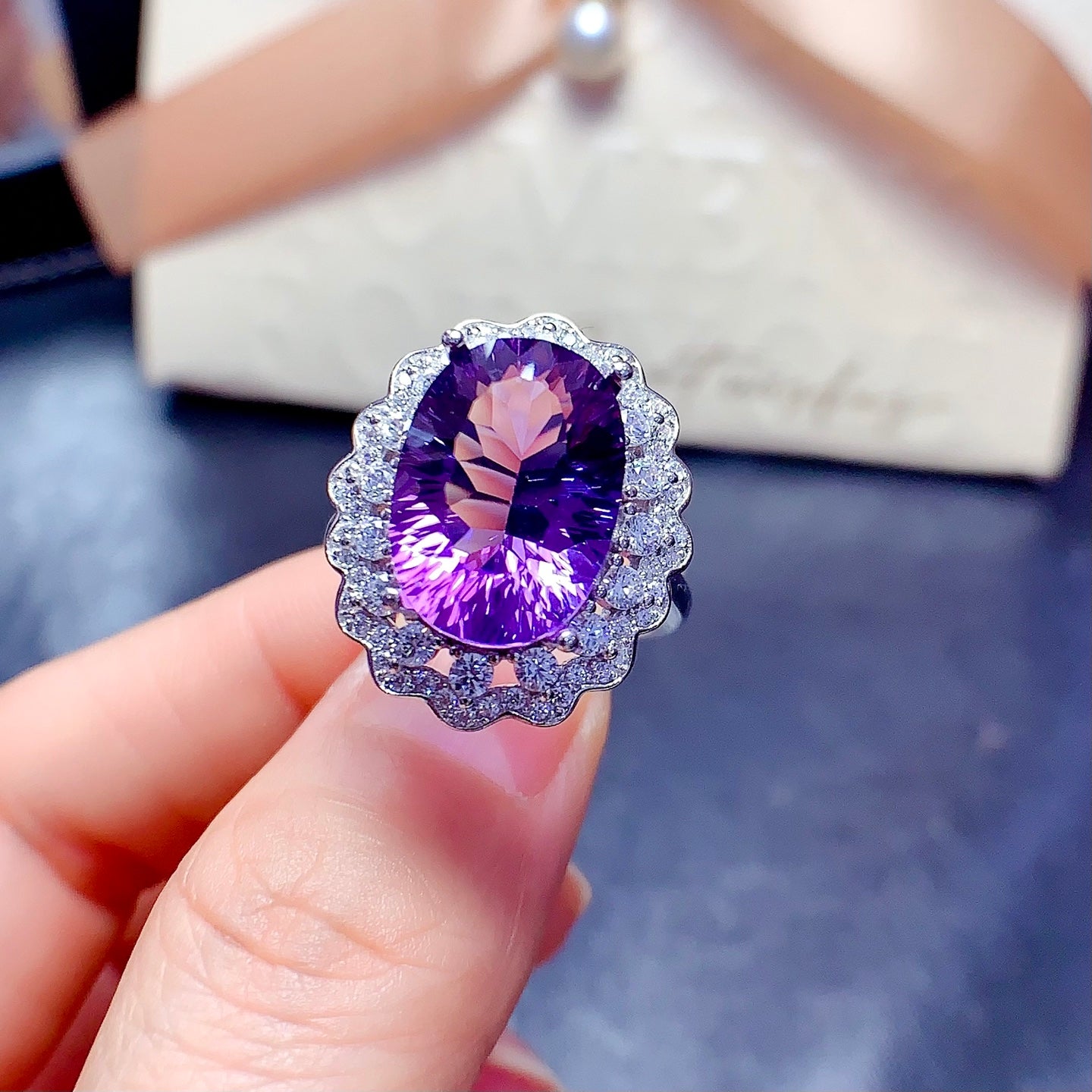 Natural Millennium Cut Amethyst Ring 925 Sterling Silver, 10x14mm February Birthstone Purple Gemstone Crystal Jewelry For Women, Statement Sparkly Gift For Her