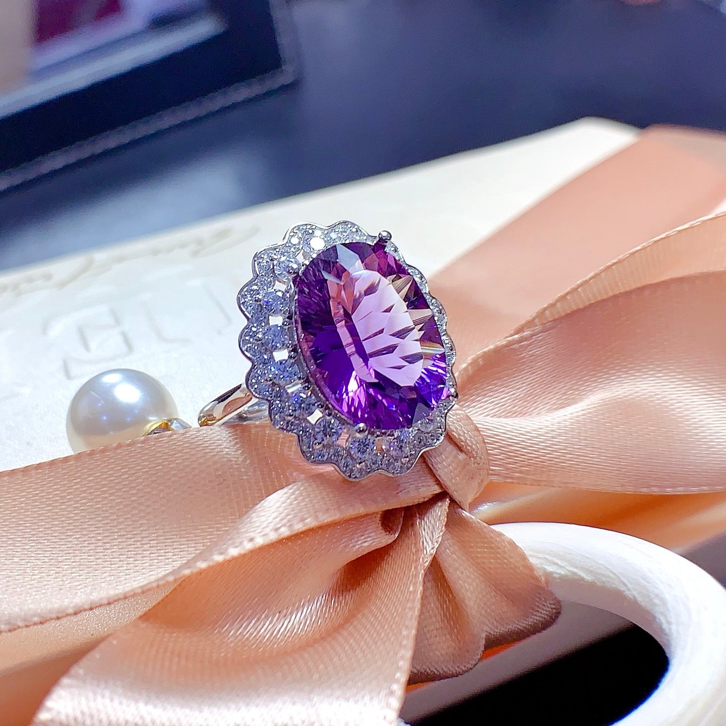Natural Millennium Cut Amethyst Ring 925 Sterling Silver, 10x14mm February Birthstone Purple Gemstone Crystal Jewelry For Women, Statement Sparkly Gift For Her