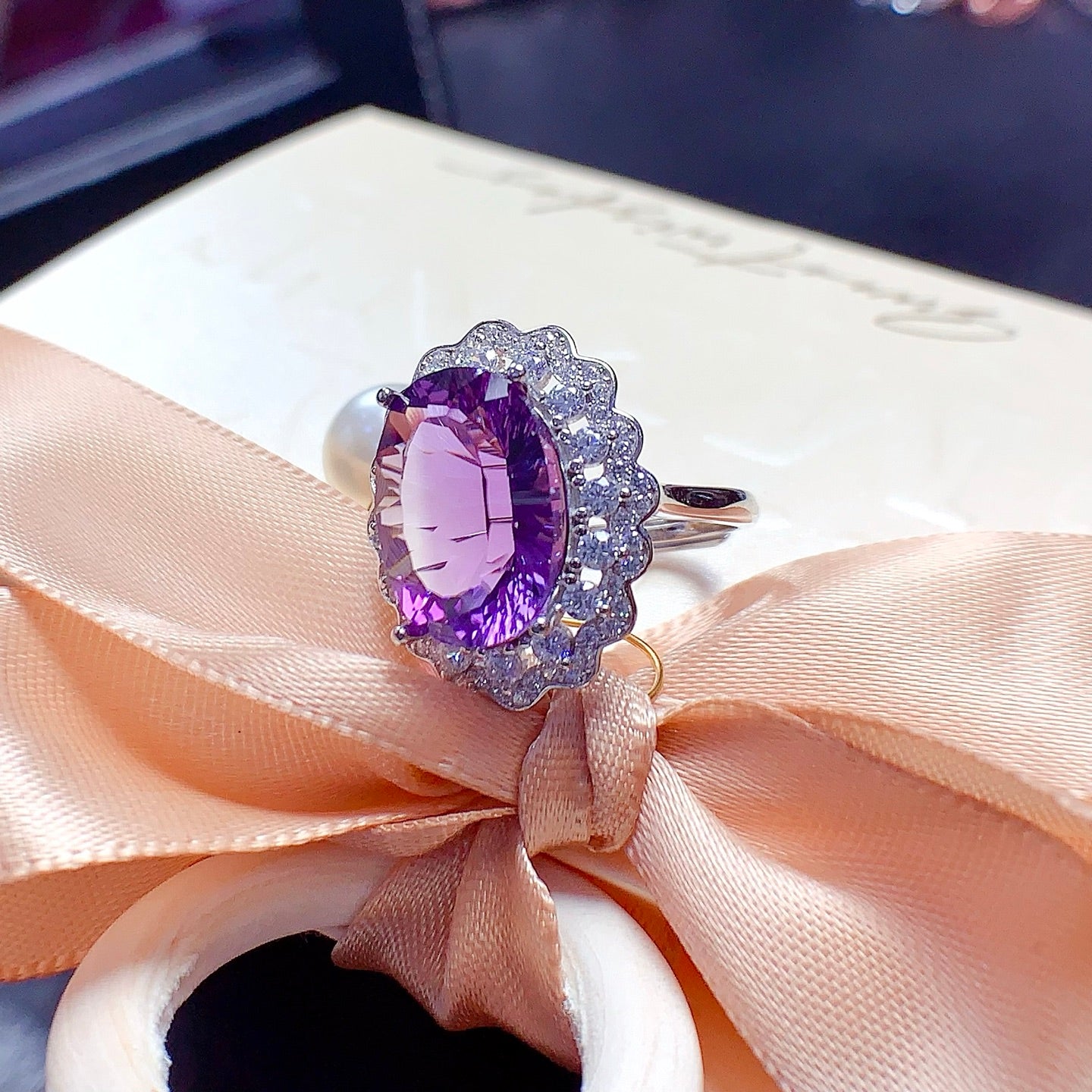 Natural Millennium Cut Amethyst Ring 925 Sterling Silver, 10x14mm February Birthstone Purple Gemstone Crystal Jewelry For Women, Statement Sparkly Gift For Her