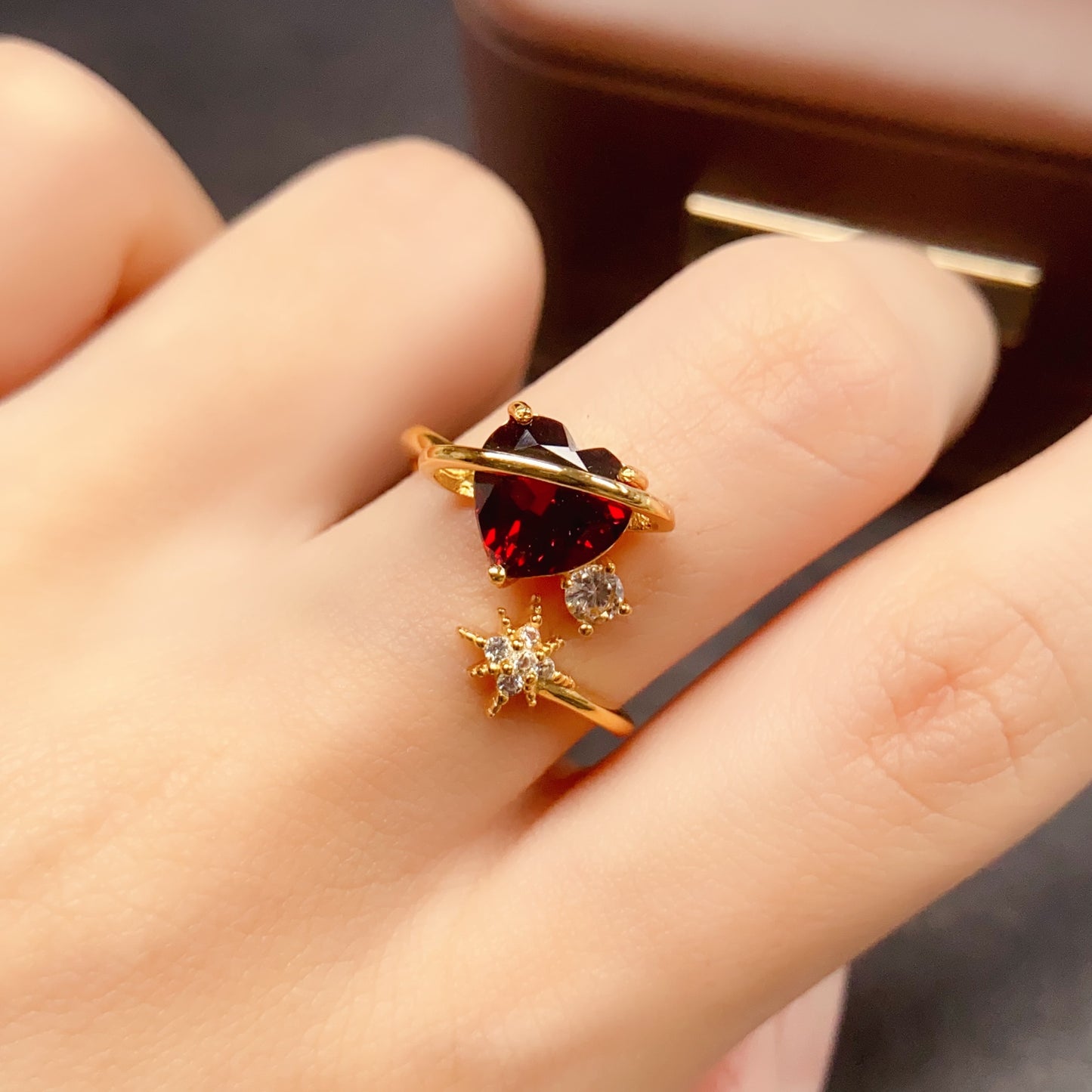 Natural Garnet Adjustable Ring Heart Star Design 8*8mm 925 Sterling Silver Delicate Fashion Jewelry for Women Elegant Birthday Gift Idea