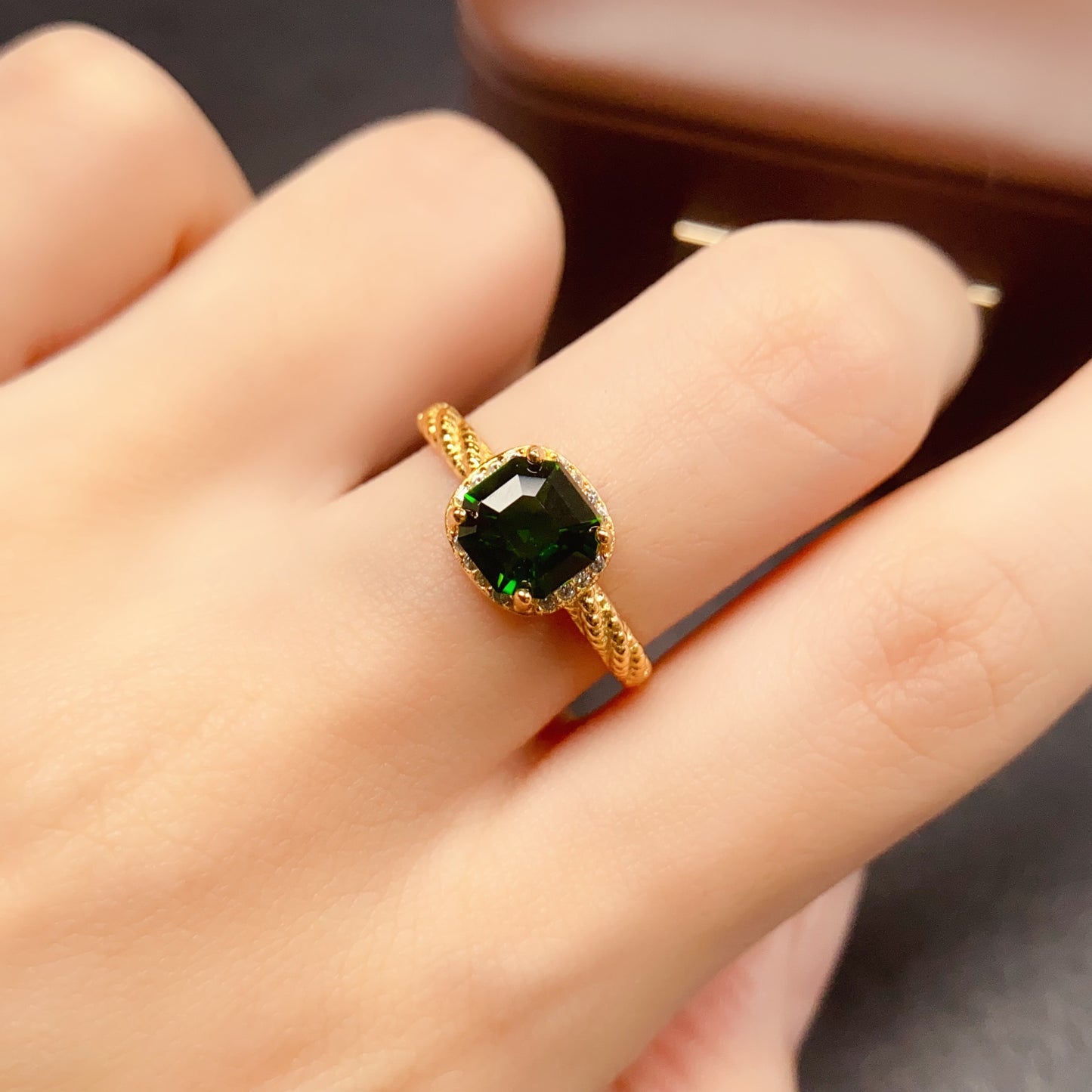 Natural Diopside Adjustable Ring 7*7mm 925 Sterling Silver Simple Fashion Green Birthday Gift