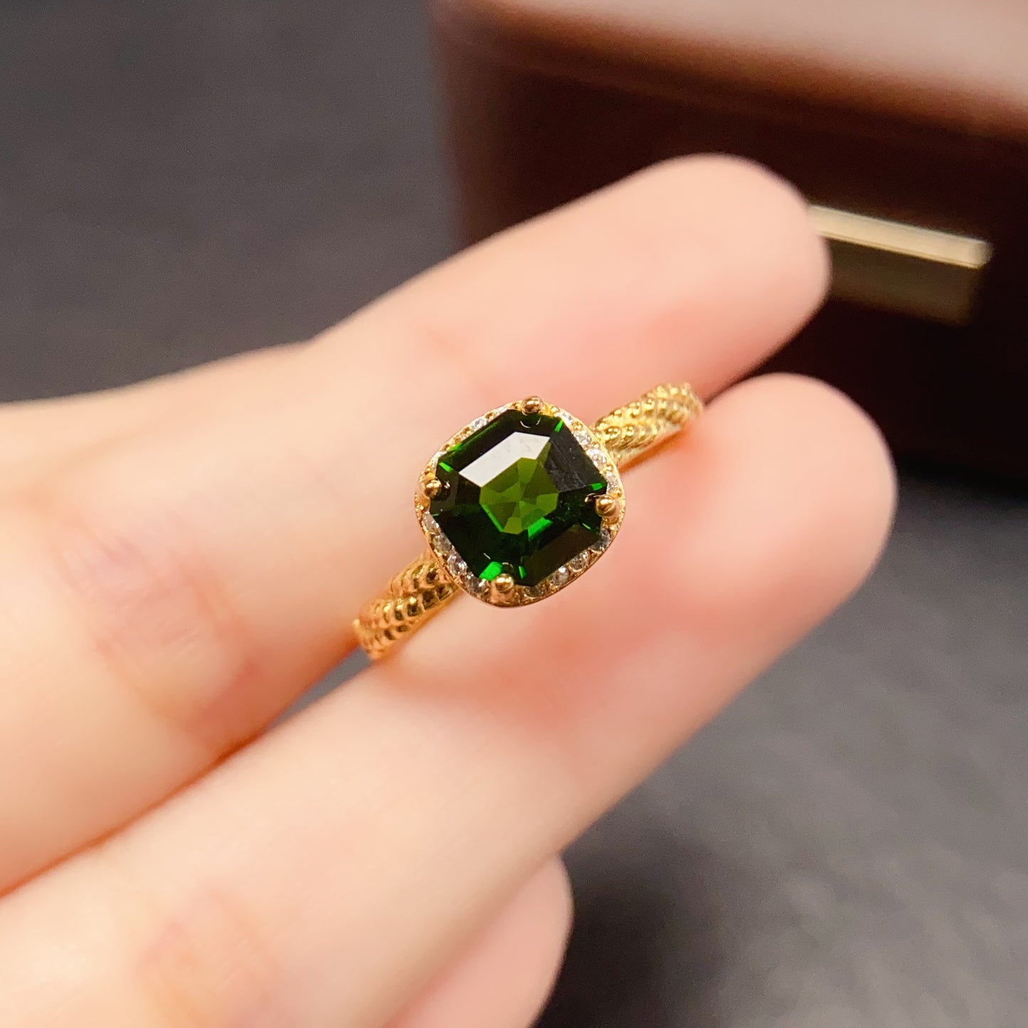 Natural Diopside Adjustable Ring 7*7mm 925 Sterling Silver Simple Fashion Green Birthday Gift