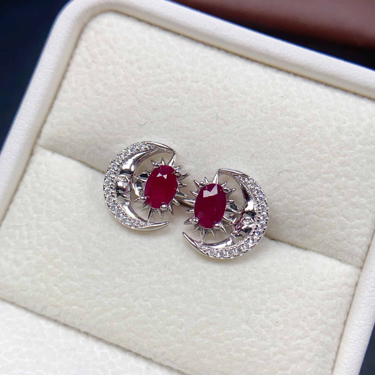 Natural Ruby Earrings Moon Star Design 925 Sterling Silver 4*6mm Dainty Sweet Fashion Jewelry for Women Purple Birthday Gift