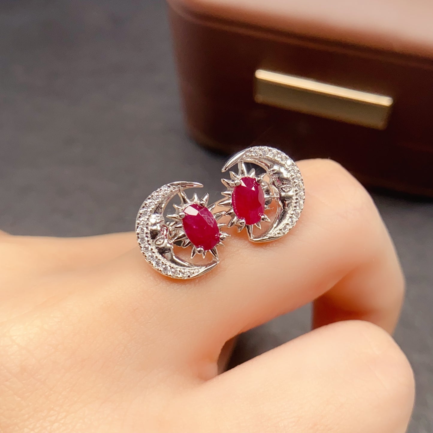 Natural Ruby Earrings Moon Star Design 925 Sterling Silver 4*6mm Dainty Sweet Fashion Jewelry for Women Purple Birthday Gift