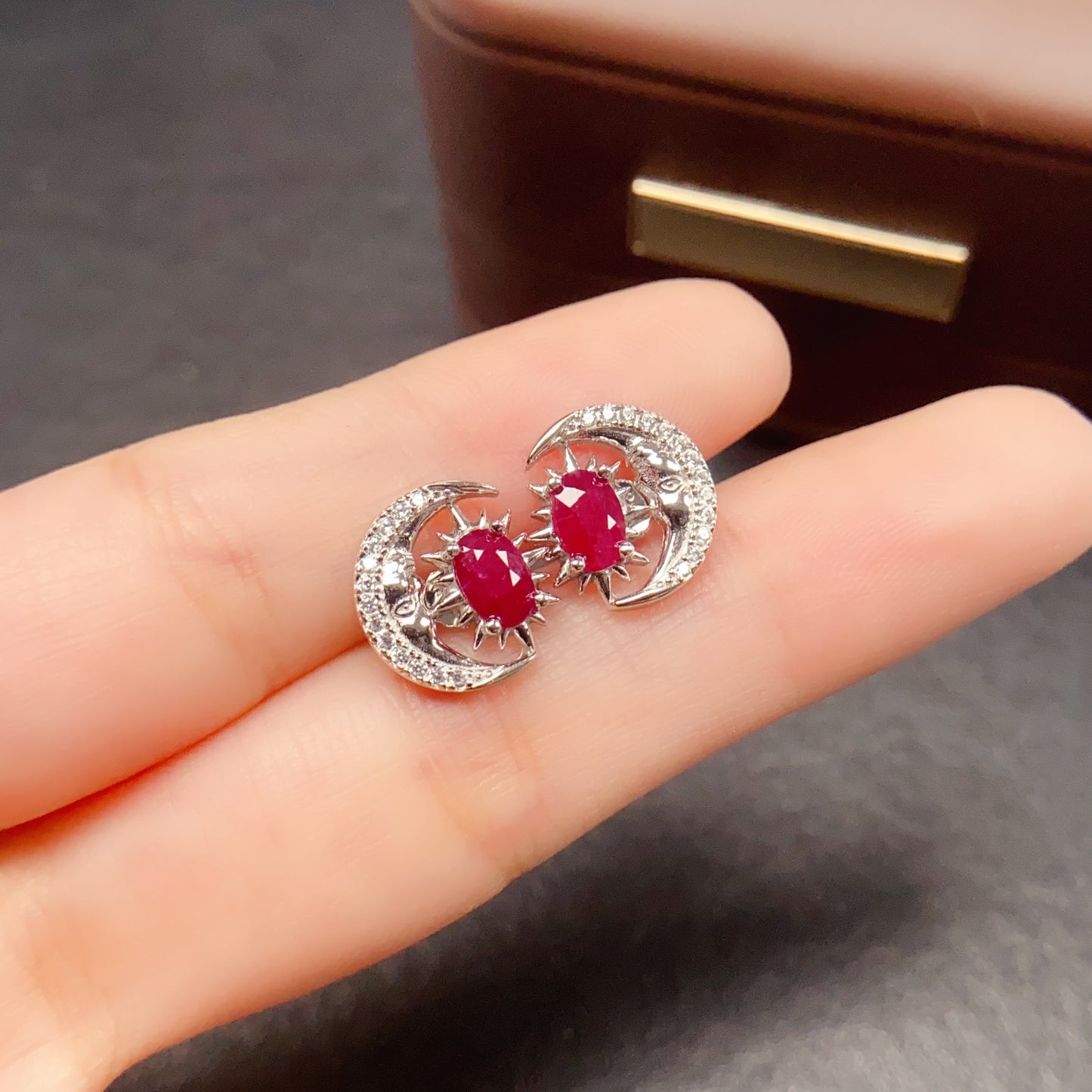 Natural Ruby Earrings Moon Star Design 925 Sterling Silver 4*6mm Dainty Sweet Fashion Jewelry for Women Purple Birthday Gift