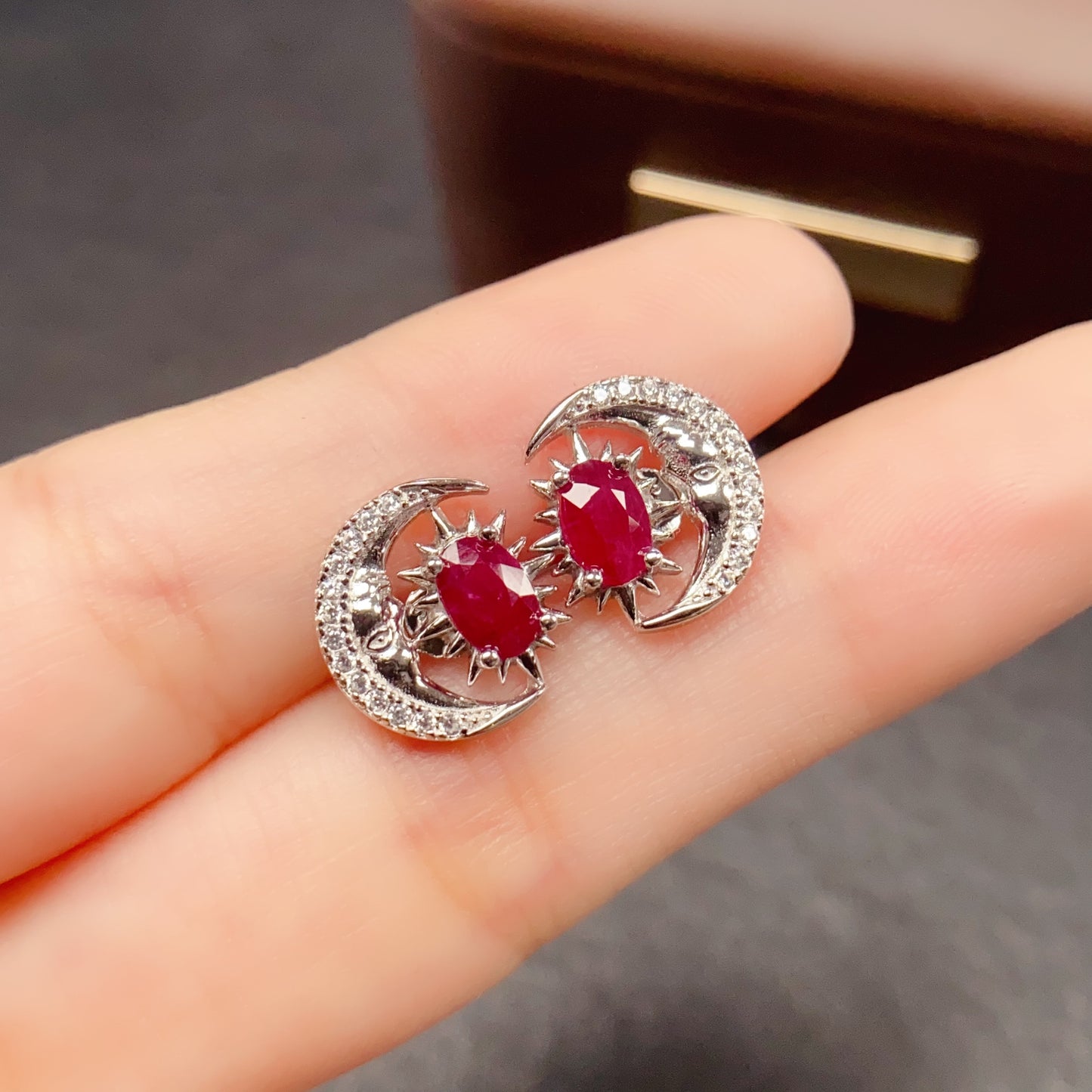 Natural Ruby Earrings Moon Star Design 925 Sterling Silver 4*6mm Dainty Sweet Fashion Jewelry for Women Purple Birthday Gift