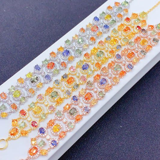 Natural Multi Color Sapphire Bracelet Candy Colors S925 Silver Clear Crystals 34mm/45mm Two Sizes Available Dainty Birthday Gift Idea