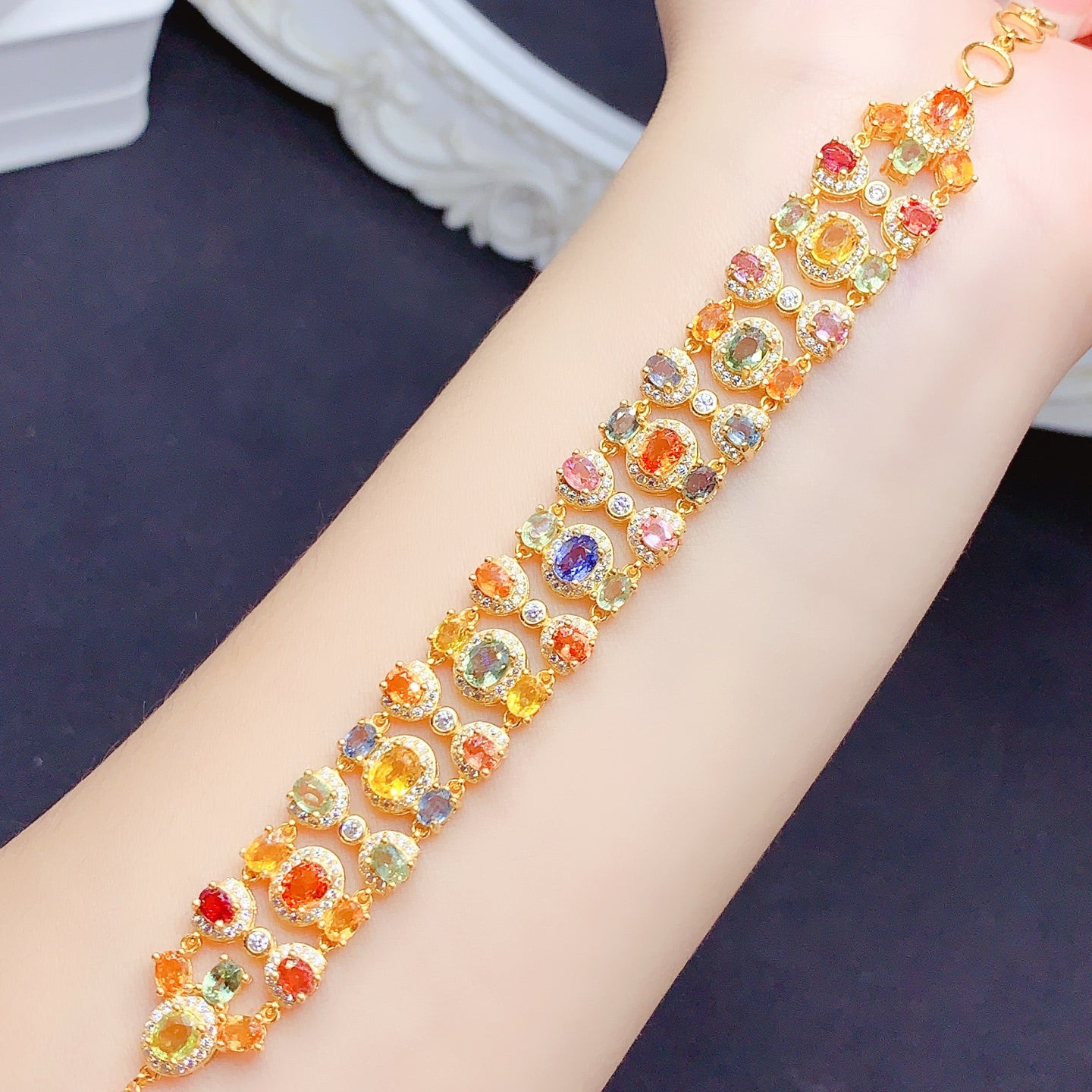 Natural Multi Color Sapphire Bracelet Candy Colors S925 Silver Clear Crystals 34mm/45mm Two Sizes Available Dainty Birthday Gift Idea