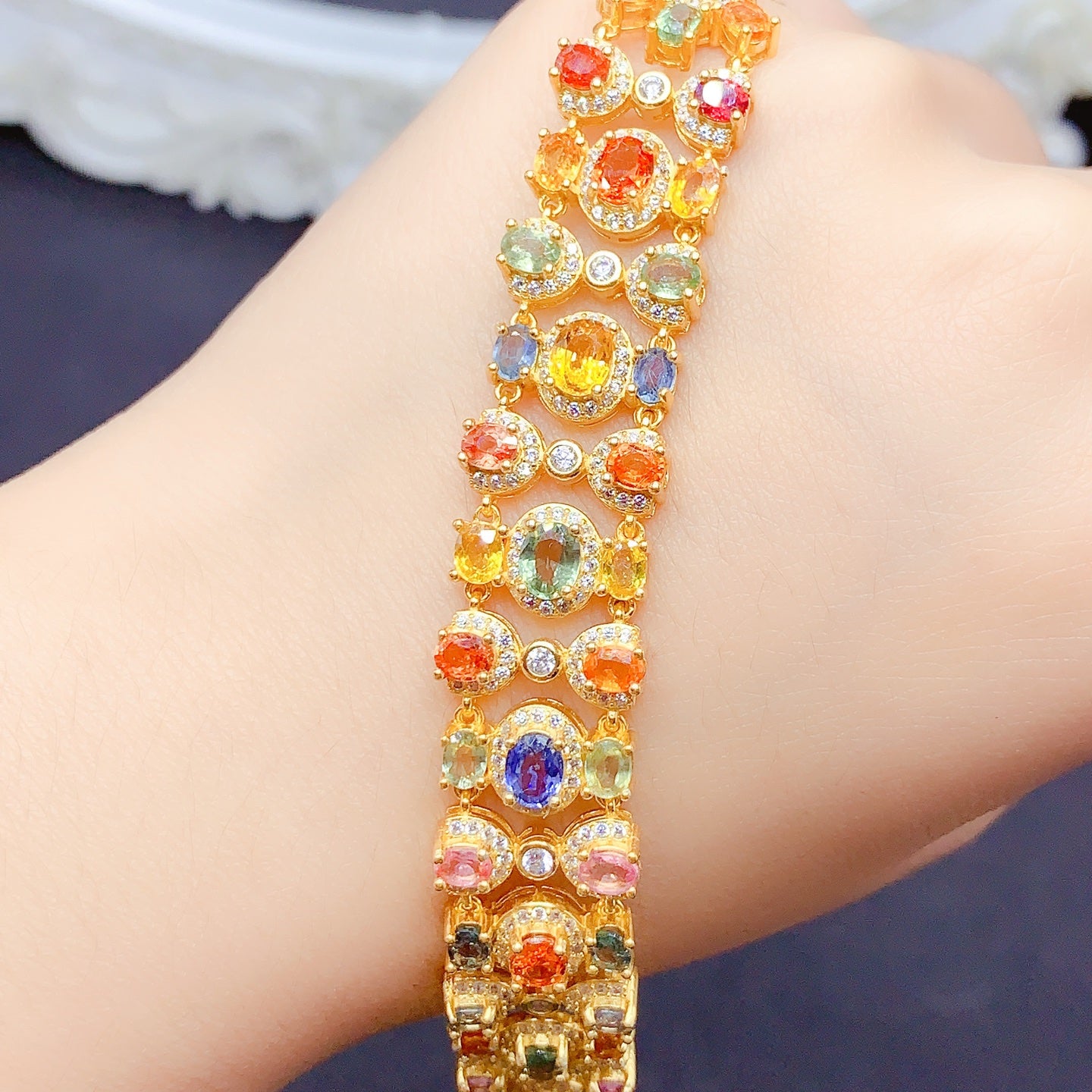 Natural Multi Color Sapphire Bracelet Candy Colors S925 Silver Clear Crystals 34mm/45mm Two Sizes Available Dainty Birthday Gift Idea