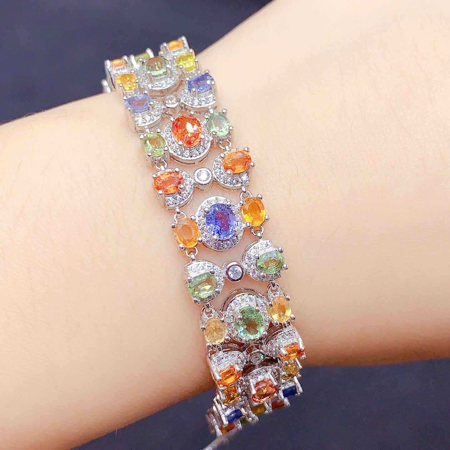 Natural Multi Color Sapphire Bracelet Candy Colors S925 Silver Clear Crystals 34mm/45mm Two Sizes Available Dainty Birthday Gift Idea