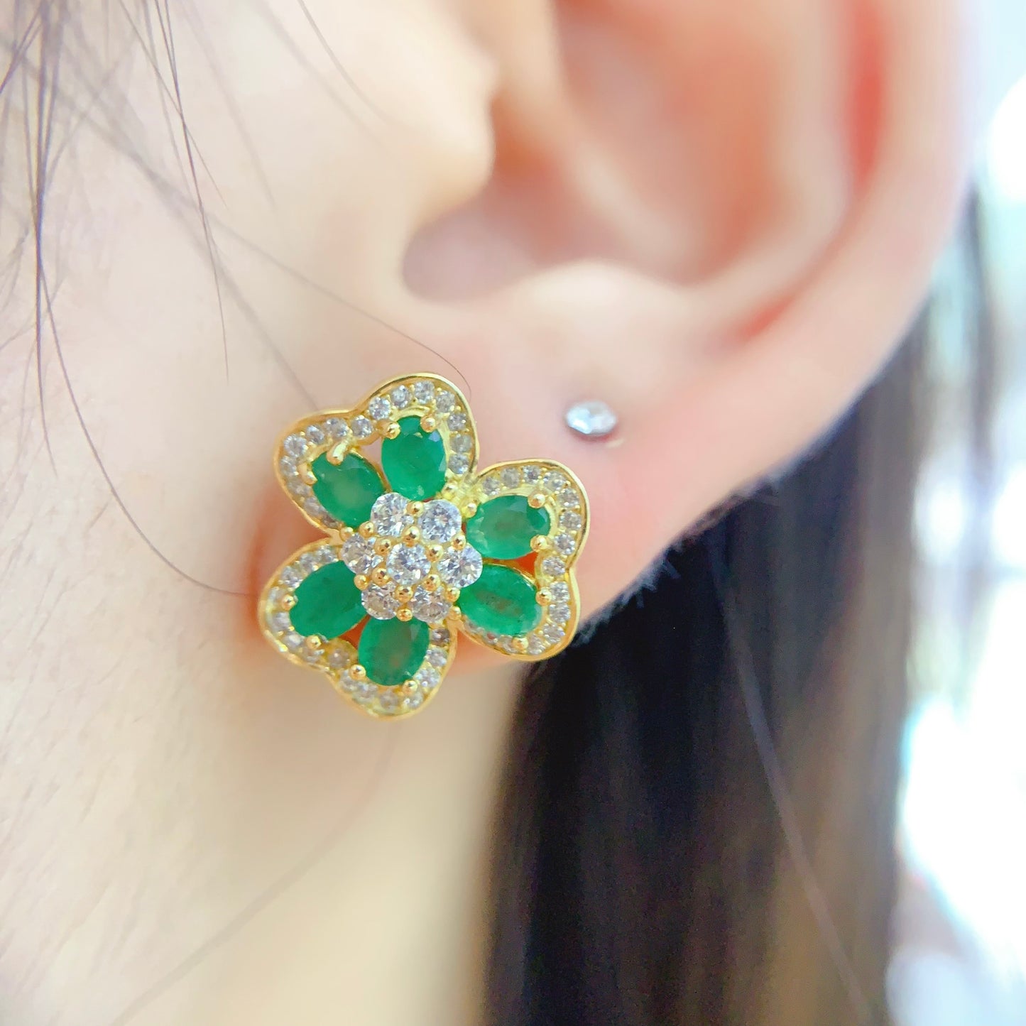 Natural Emerald Set Lucky Flower Design Ring+Earrings+Pendant 3*4mm 925 Silver Stunning Green Birthday Gift