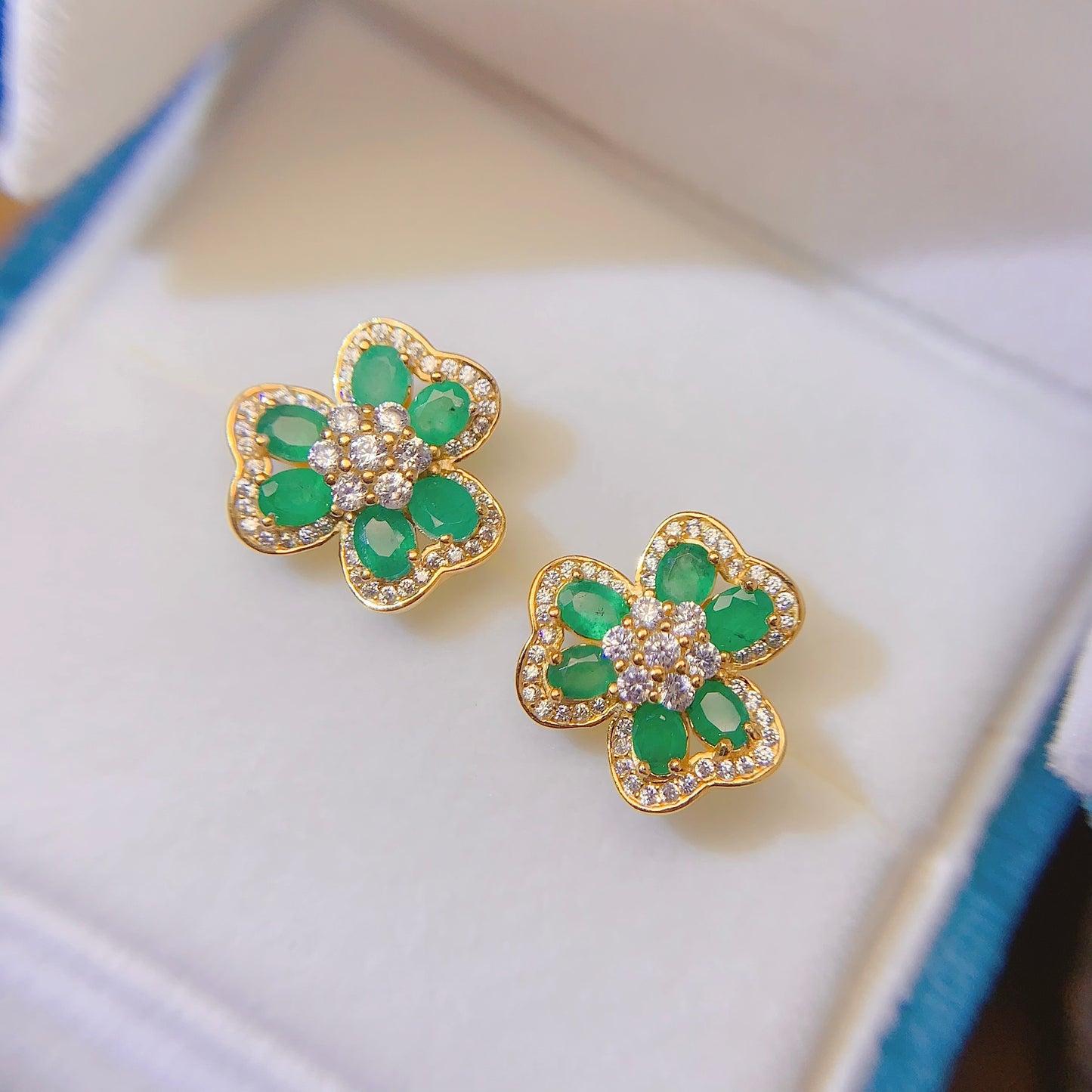 Natural Emerald Set Lucky Flower Design Ring+Earrings+Pendant 3*4mm 925 Silver Stunning Green Birthday Gift