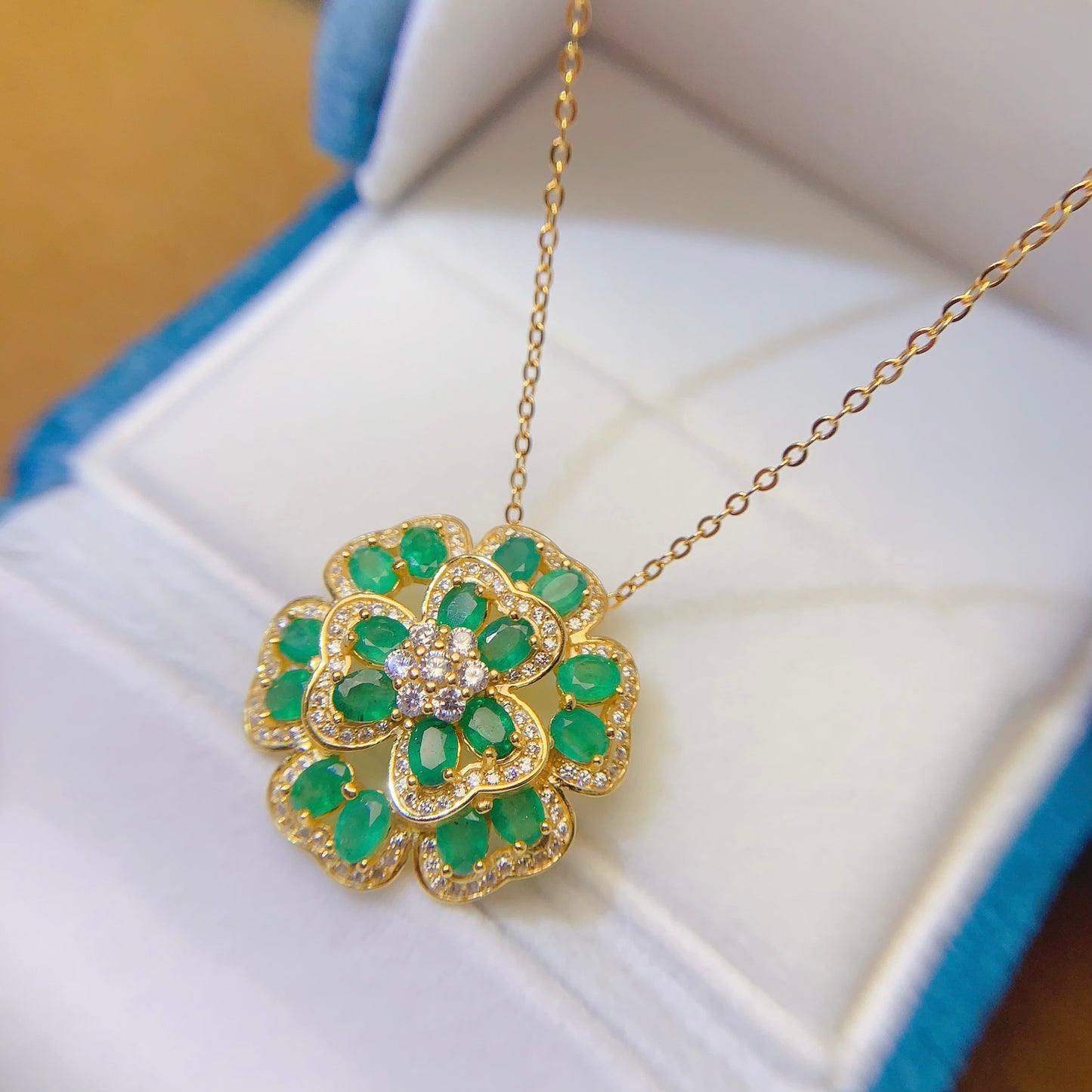Natural Emerald Set Lucky Flower Design Ring+Earrings+Pendant 3*4mm 925 Silver Stunning Green Birthday Gift