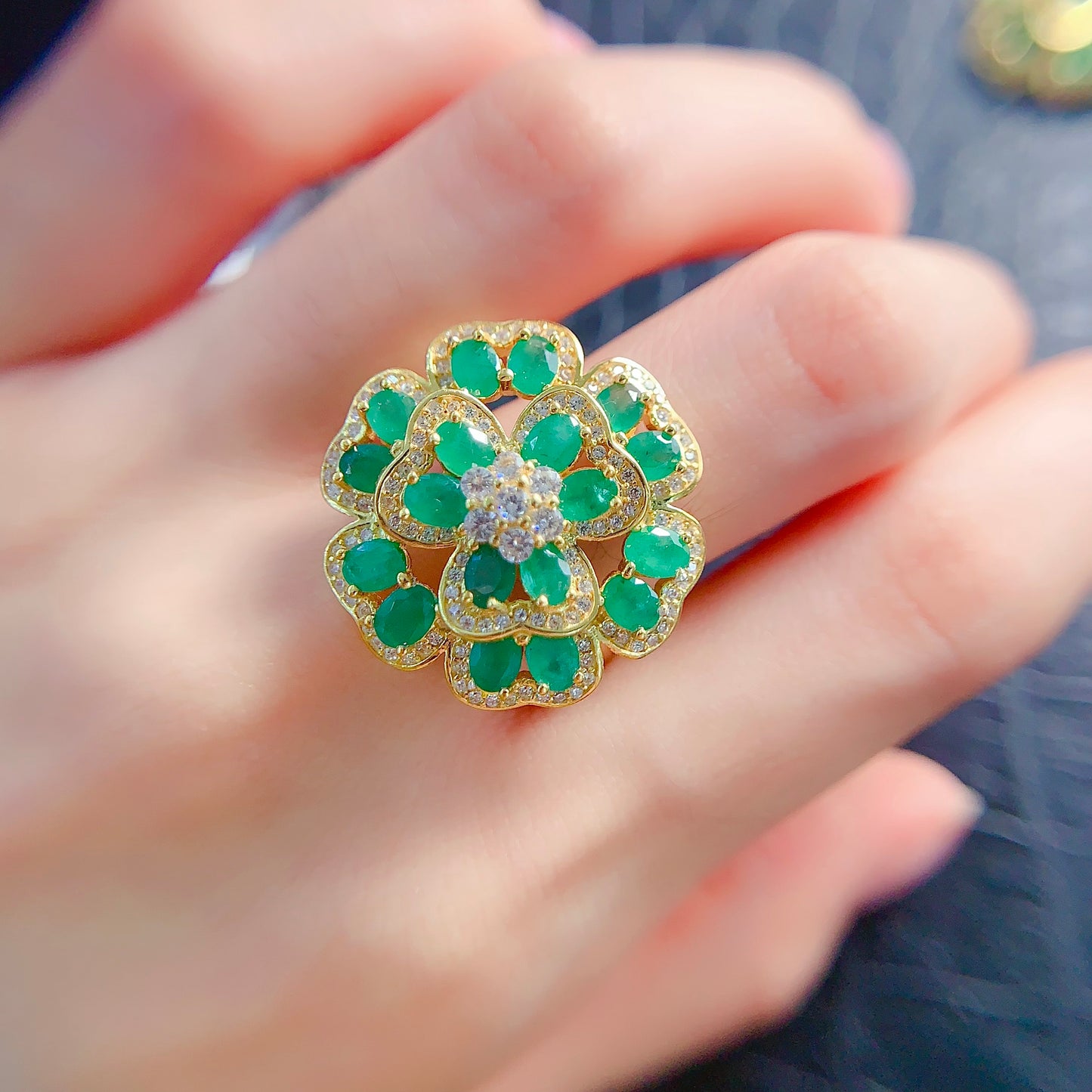 Natural Emerald Set Lucky Flower Design Ring+Earrings+Pendant 3*4mm 925 Silver Stunning Green Birthday Gift