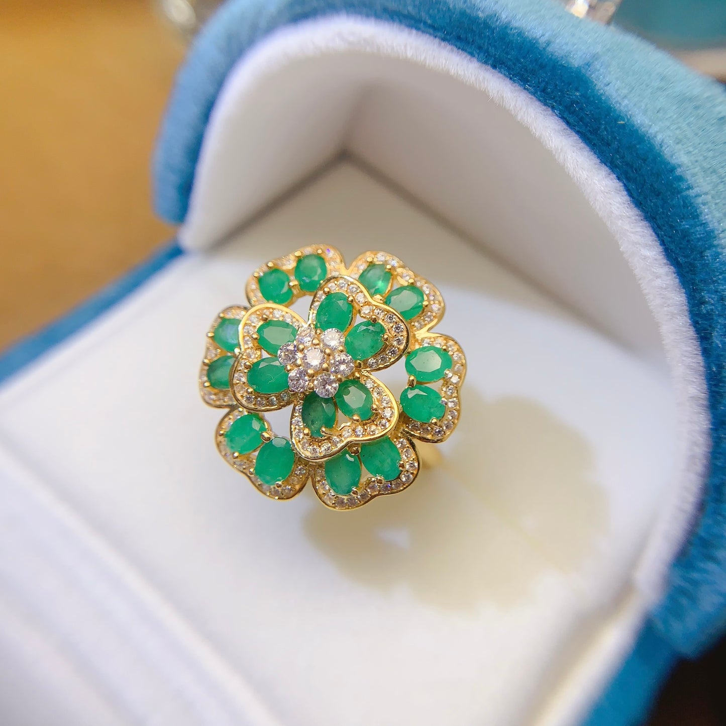 Natural Emerald Set Lucky Flower Design Ring+Earrings+Pendant 3*4mm 925 Silver Stunning Green Birthday Gift