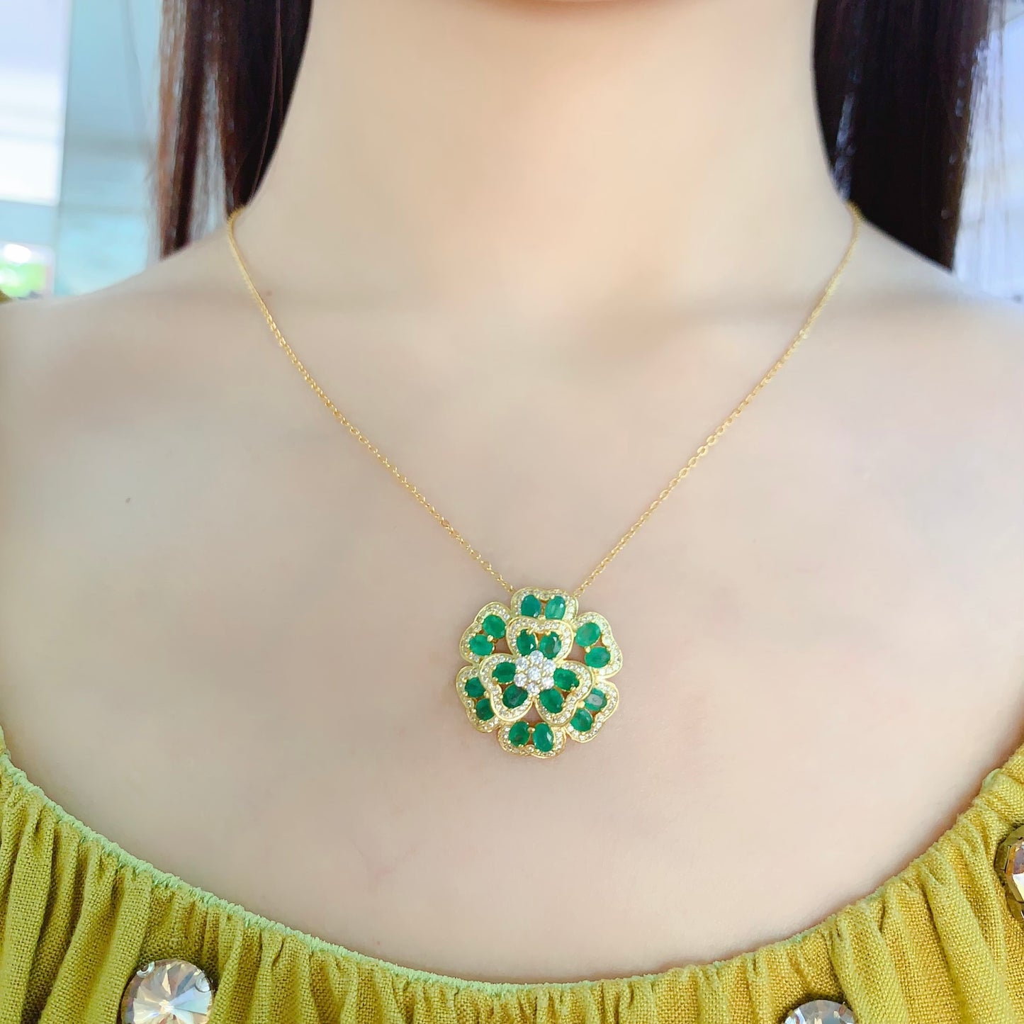 Natural Emerald Set Lucky Flower Design Ring+Earrings+Pendant 3*4mm 925 Silver Stunning Green Birthday Gift