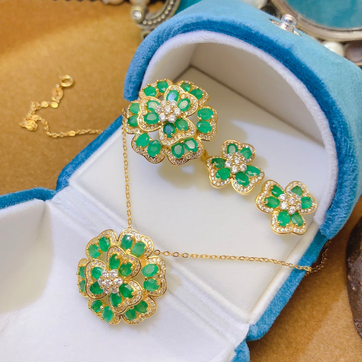 Natural Emerald Set Lucky Flower Design Ring+Earrings+Pendant 3*4mm 925 Silver Stunning Green Birthday Gift