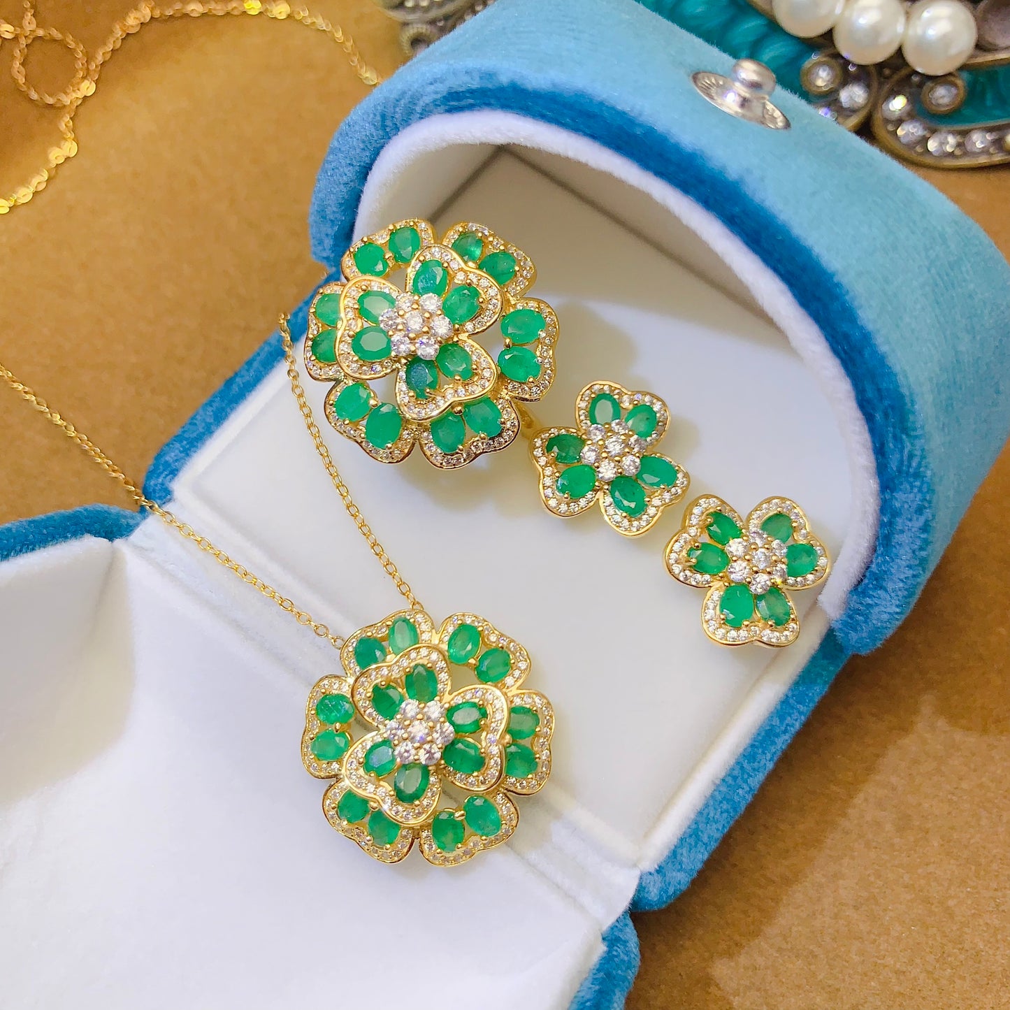Natural Emerald Set Lucky Flower Design Ring+Earrings+Pendant 3*4mm 925 Silver Stunning Green Birthday Gift
