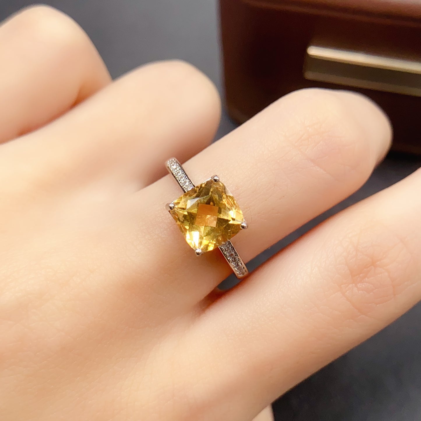 Natural Citrine Adjustable Ring 8*8mm Square Cut 925 Silver Wealth Gold Orange Simple Luxury Birthday Gift