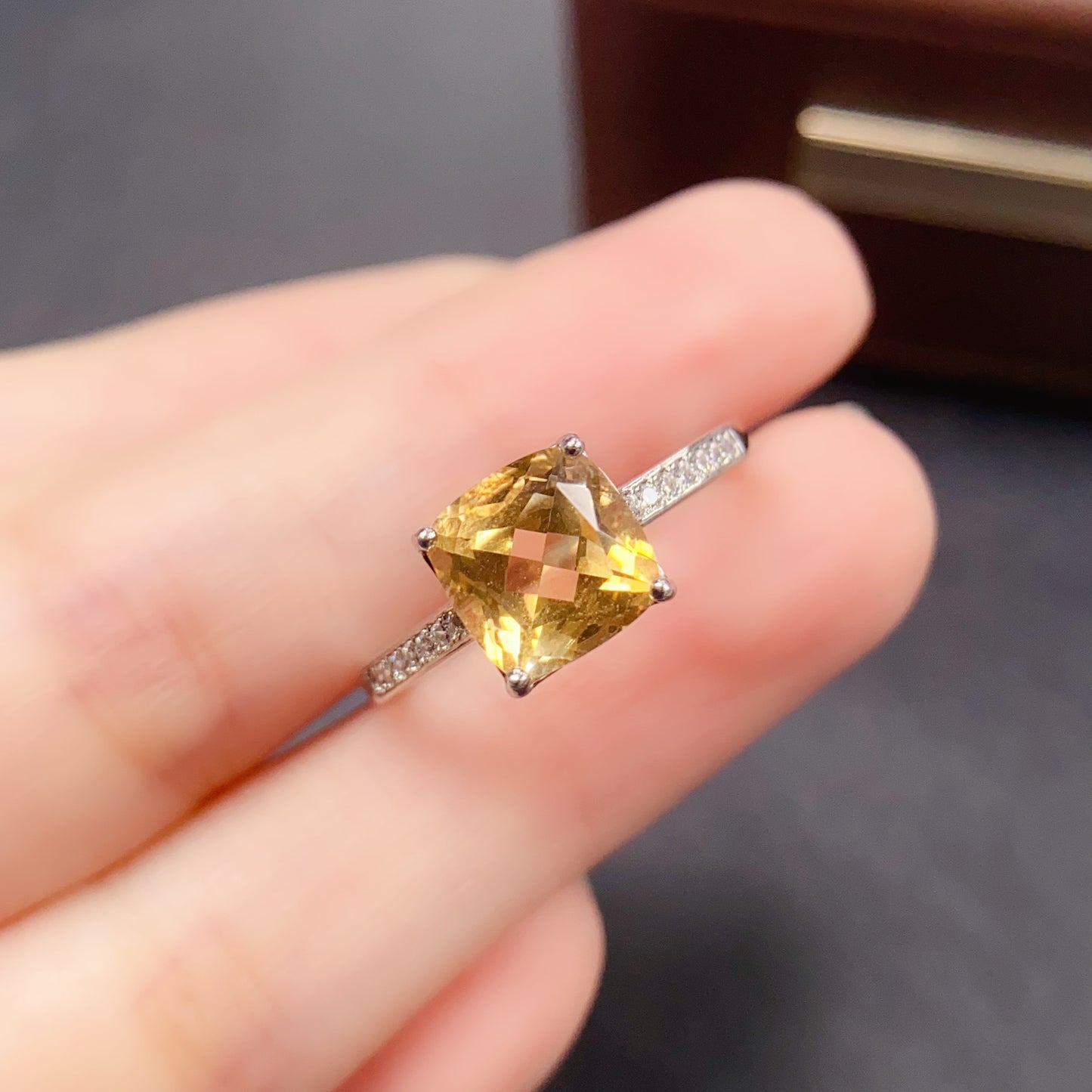 Natural Citrine Adjustable Ring 8*8mm Square Cut 925 Silver Wealth Gold Orange Simple Luxury Birthday Gift