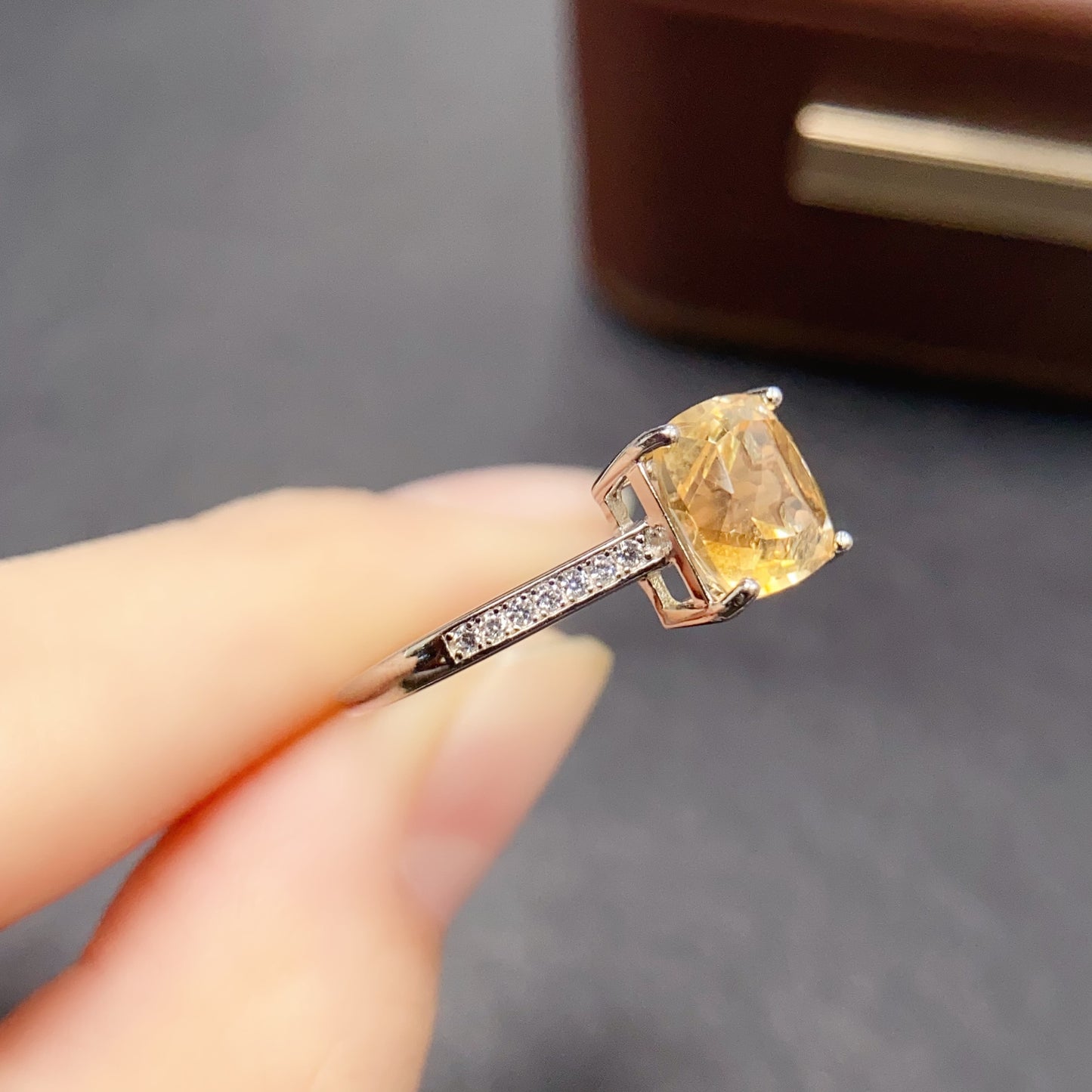Natural Citrine Adjustable Ring 8*8mm Square Cut 925 Silver Wealth Gold Orange Simple Luxury Birthday Gift