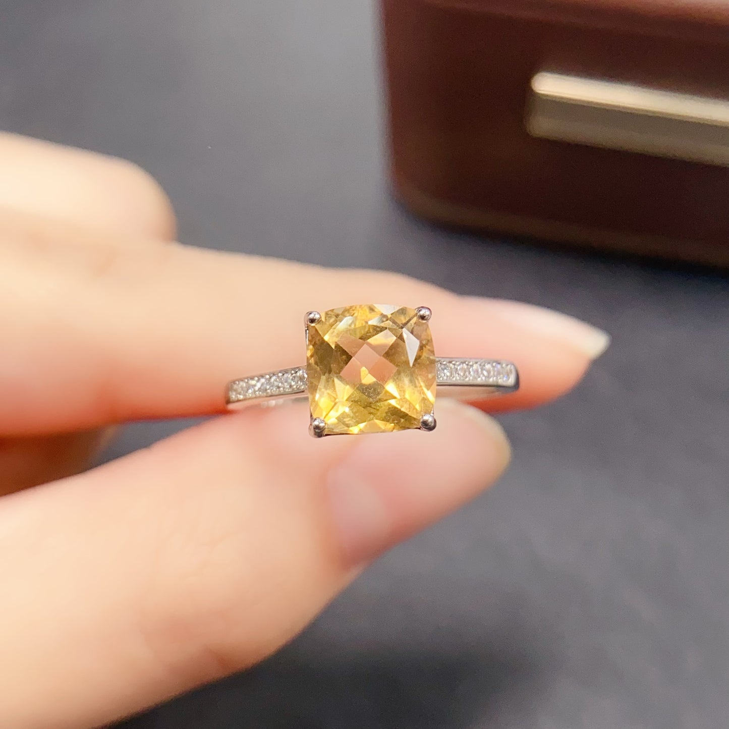 Natural Citrine Adjustable Ring 8*8mm Square Cut 925 Silver Wealth Gold Orange Simple Luxury Birthday Gift