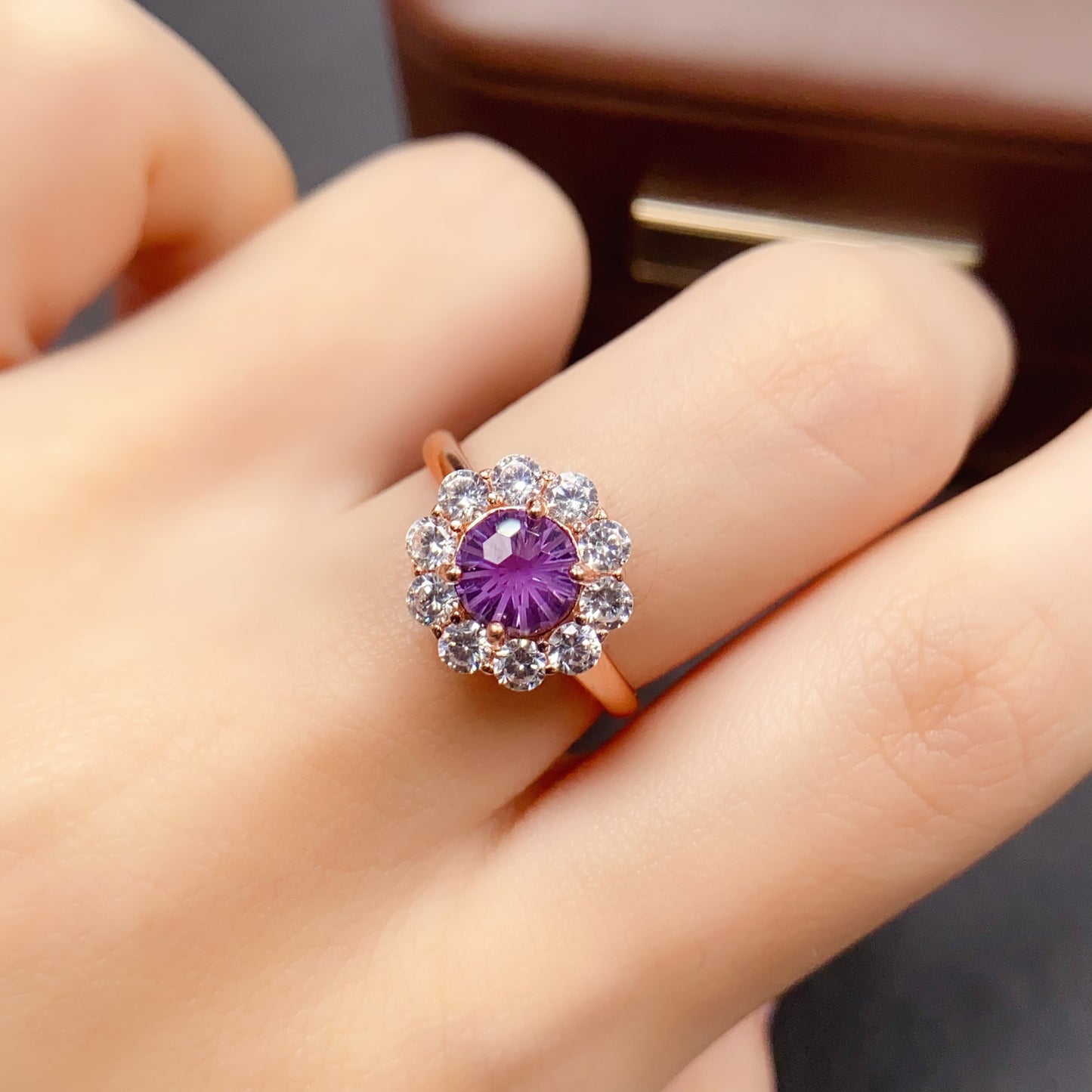 Natural Amethyst Ring Adjustable | Fireworks Faceted Cut 8x8mm Gemstone | 925 Silver Plated Statement Jewelry | Trendy Crystal Gift For Women