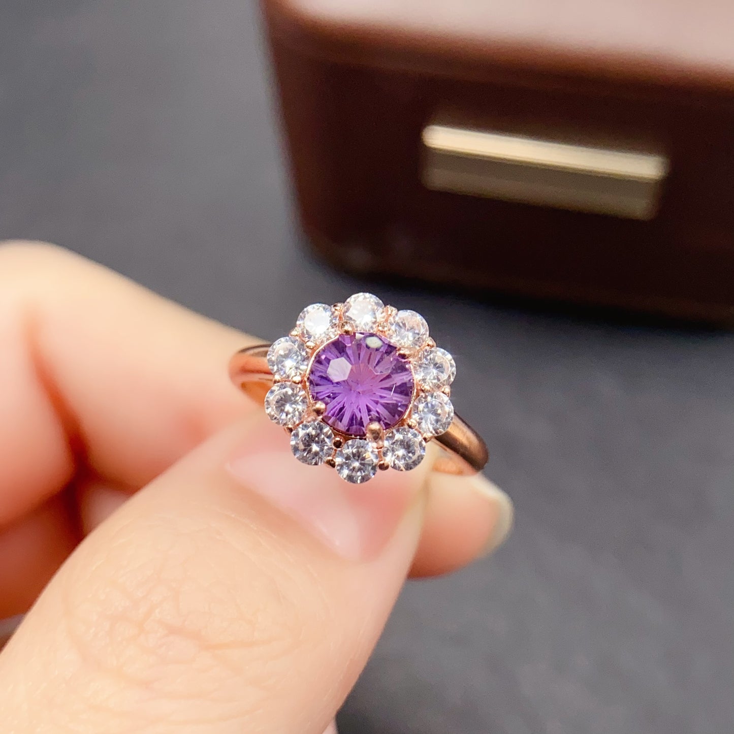 Natural Amethyst Ring Adjustable | Fireworks Faceted Cut 8x8mm Gemstone | 925 Silver Plated Statement Jewelry | Trendy Crystal Gift For Women