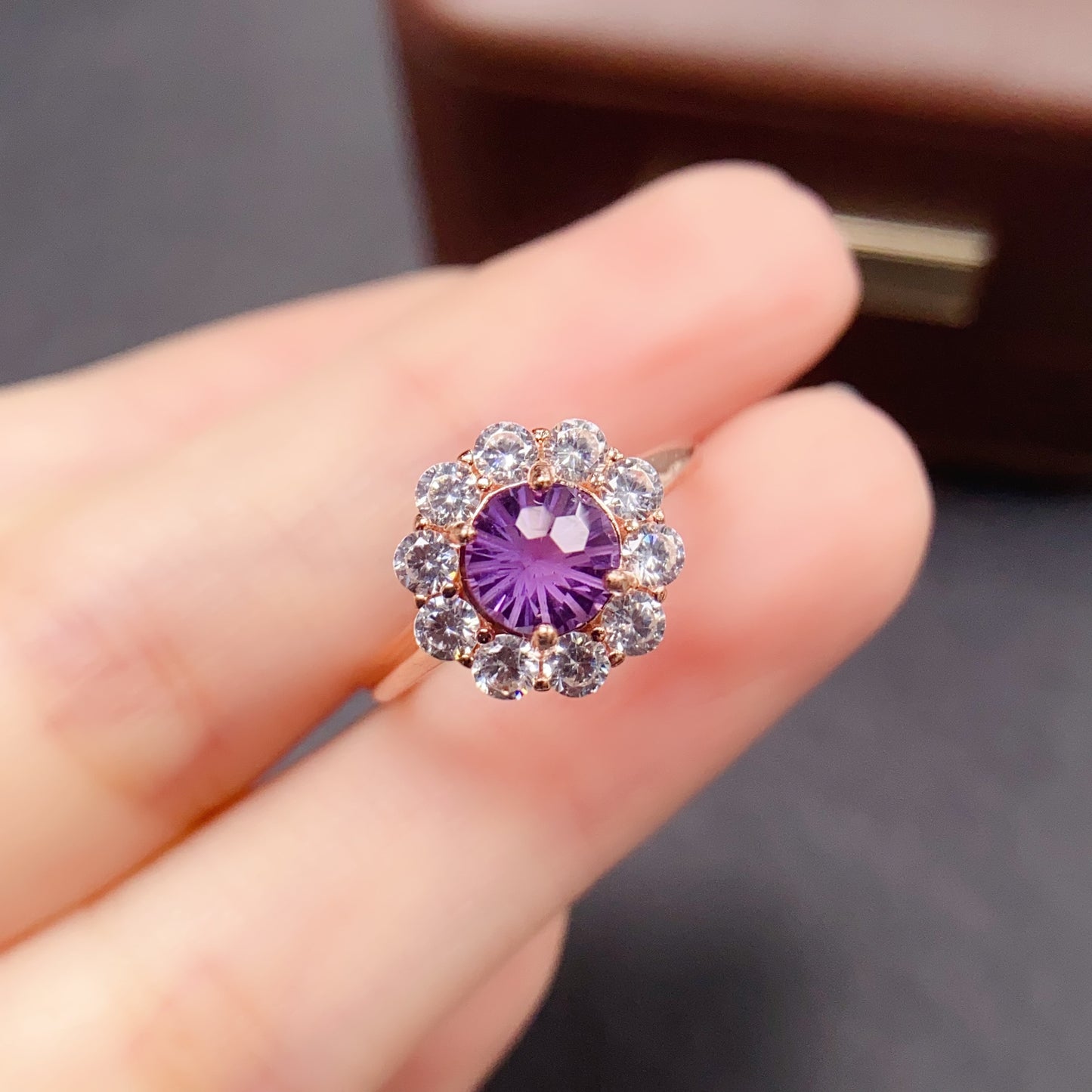 Natural Amethyst Ring Adjustable | Fireworks Faceted Cut 8x8mm Gemstone | 925 Silver Plated Statement Jewelry | Trendy Crystal Gift For Women