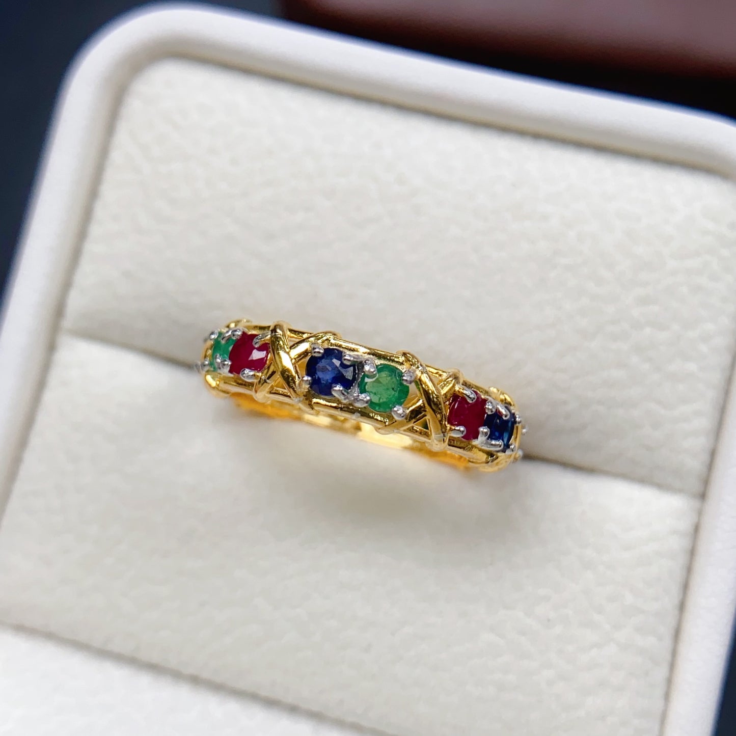 Natural Ruby Sapphire Emerald Ring Adjustable | 3x3mm Tri-color Gemstone Stacking Ring | 925 Silver Micro-Inlay Dainty Jewelry | Minimalist Crystal Gift