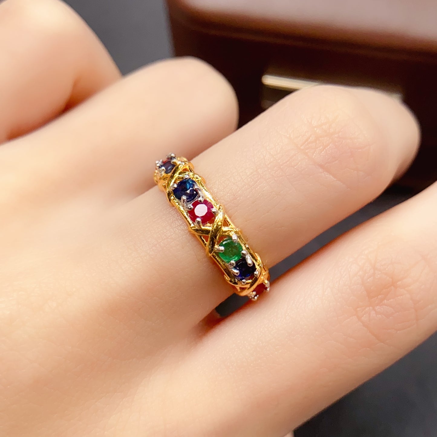 Natural Ruby Sapphire Emerald Ring Adjustable | 3x3mm Tri-color Gemstone Stacking Ring | 925 Silver Micro-Inlay Dainty Jewelry | Minimalist Crystal Gift