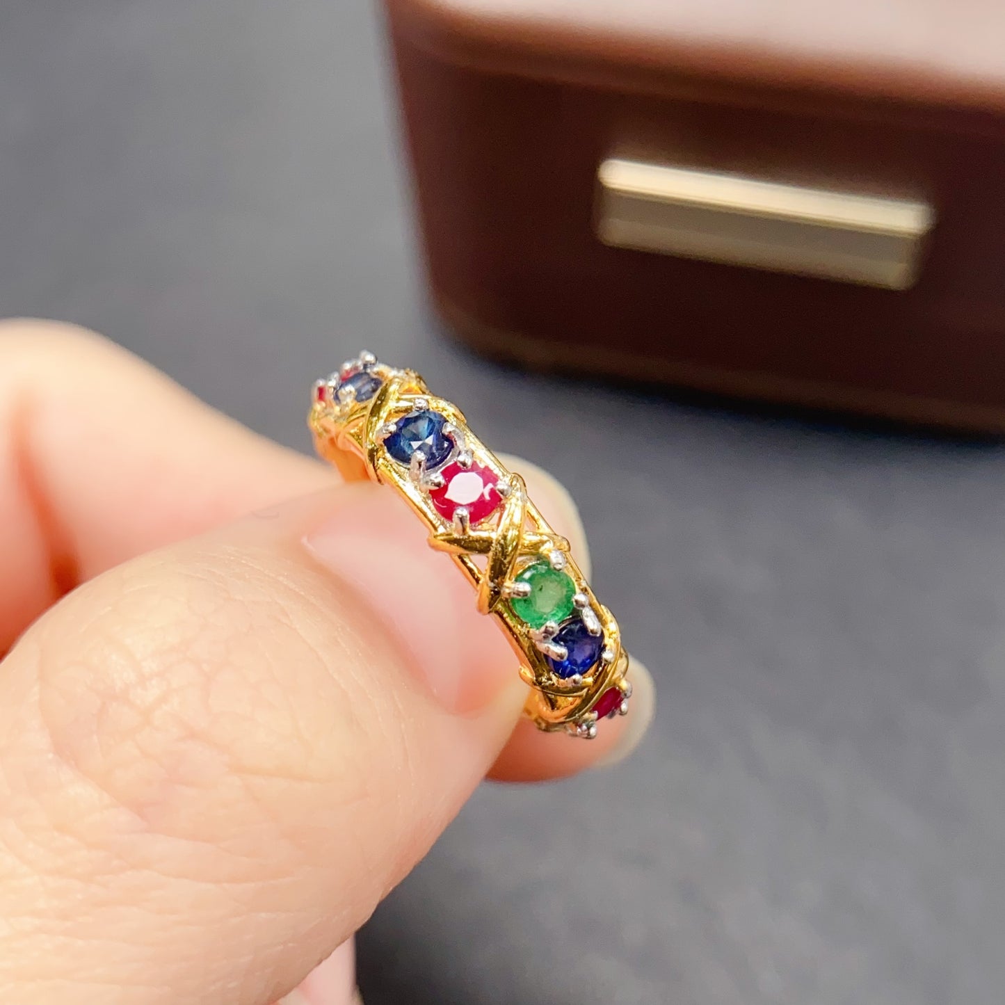 Natural Ruby Sapphire Emerald Ring Adjustable | 3x3mm Tri-color Gemstone Stacking Ring | 925 Silver Micro-Inlay Dainty Jewelry | Minimalist Crystal Gift