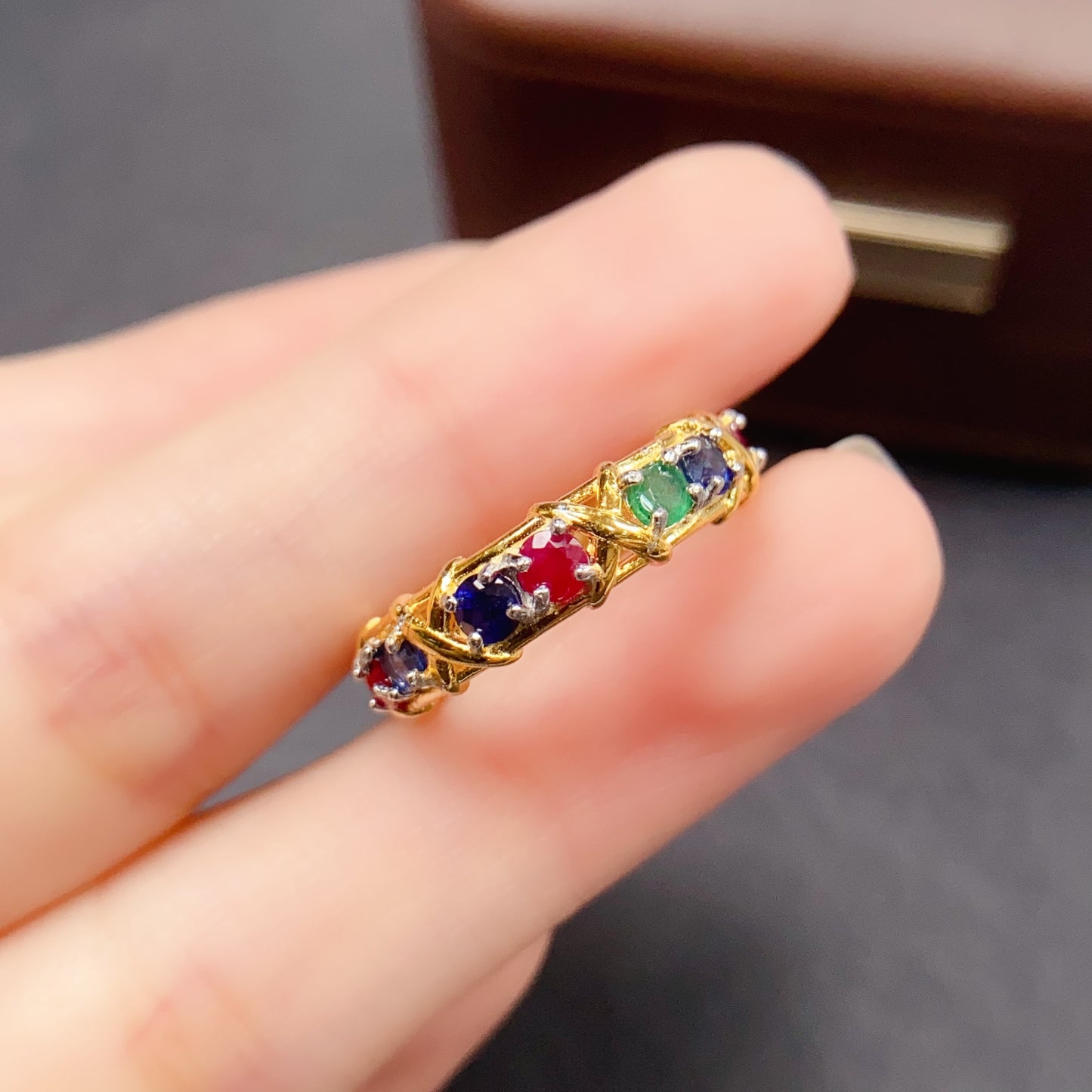 Natural Ruby Sapphire Emerald Ring Adjustable | 3x3mm Tri-color Gemstone Stacking Ring | 925 Silver Micro-Inlay Dainty Jewelry | Minimalist Crystal Gift