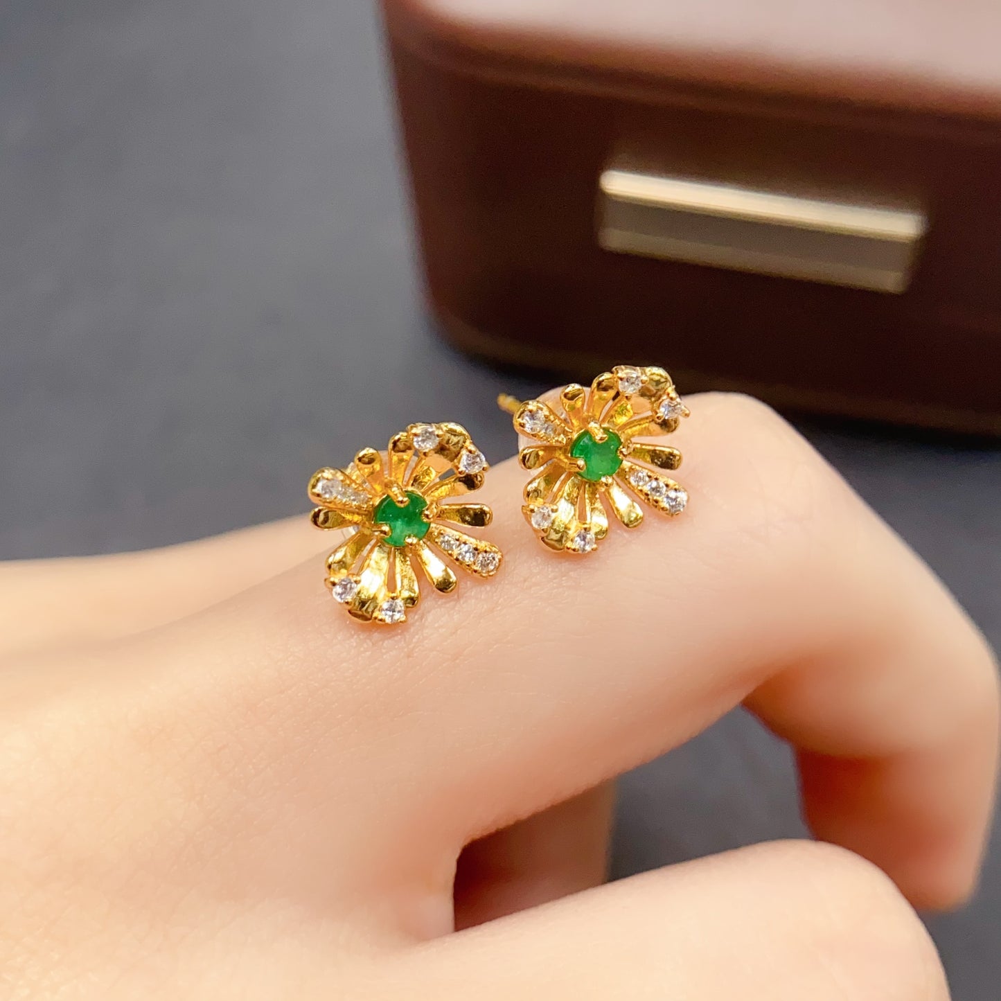 Natural Emerald Earrings Sunflower Design | High Quality Vibrant Color 3x3mm Gemstone | 925 Silver Stud Earrings Dainty Jewelry | Trendy Gift For Women