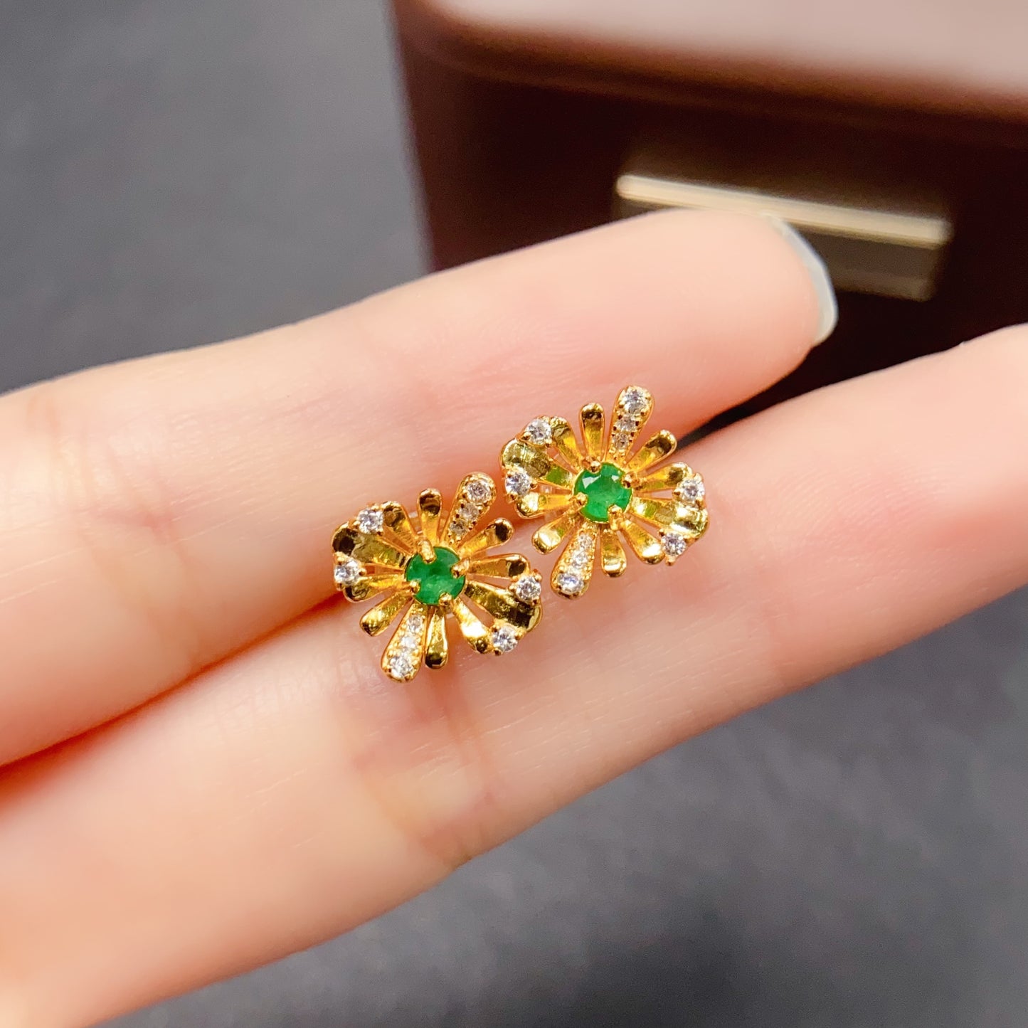 Natural Emerald Earrings Sunflower Design | High Quality Vibrant Color 3x3mm Gemstone | 925 Silver Stud Earrings Dainty Jewelry | Trendy Gift For Women